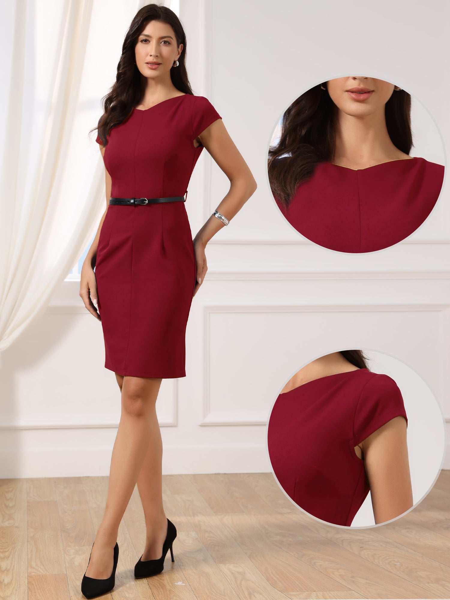 Cap Sleeve V Neck Casual Work Office Belted Sheath Dress