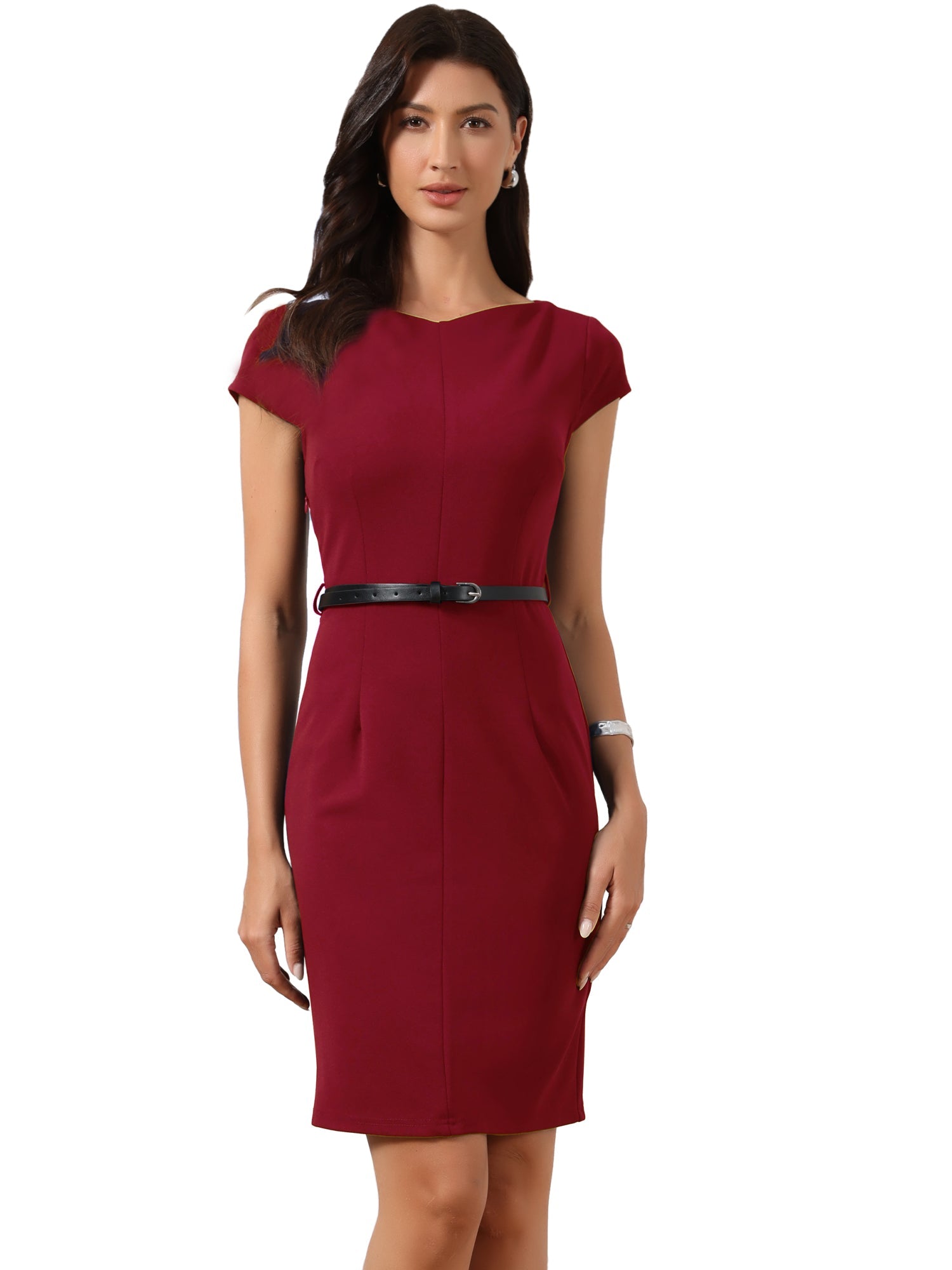 Cap Sleeve V Neck Casual Work Office Belted Sheath Dress