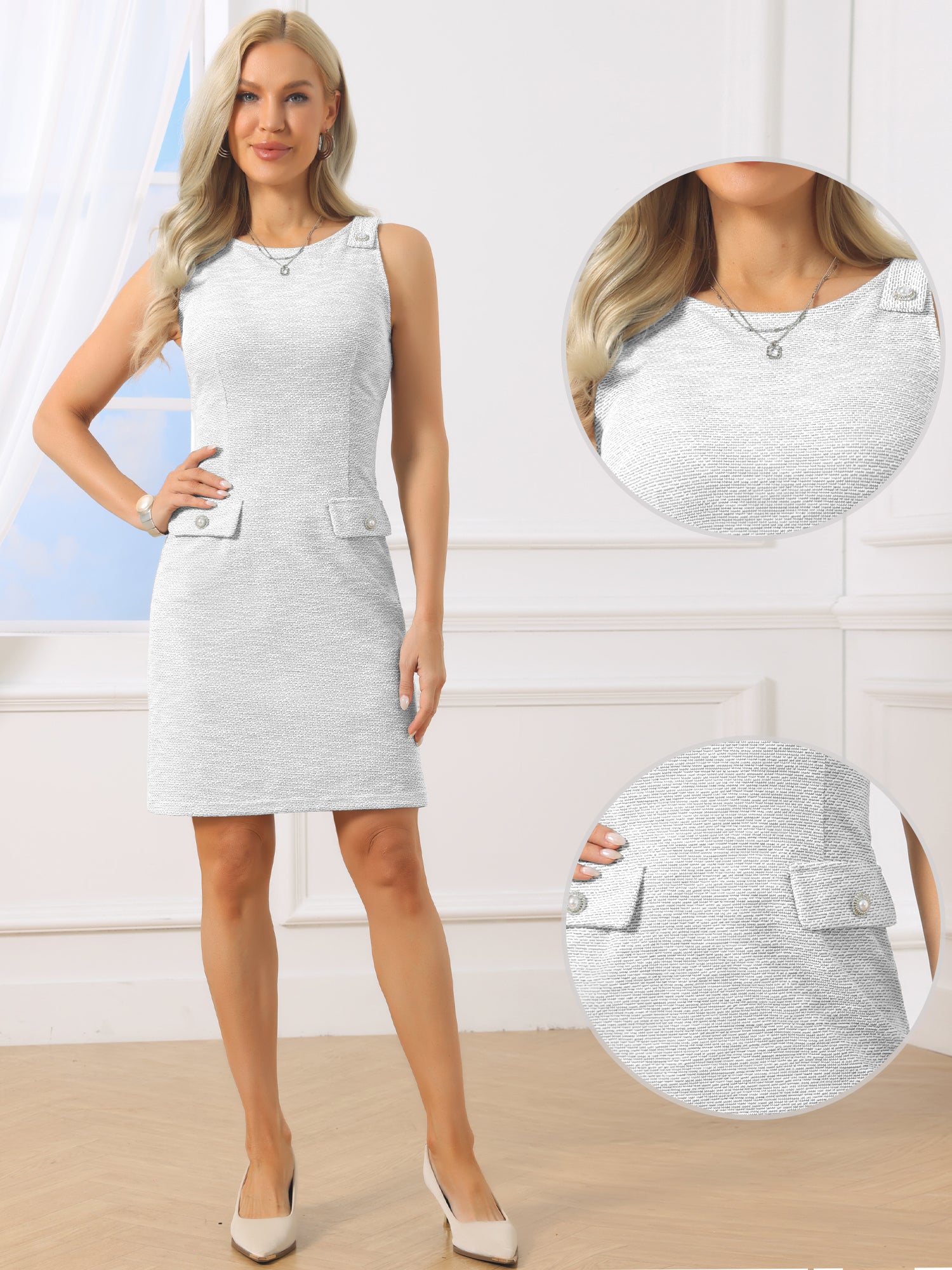 Tweed Sleeveless Boat Neck Work Office Sheath Dress