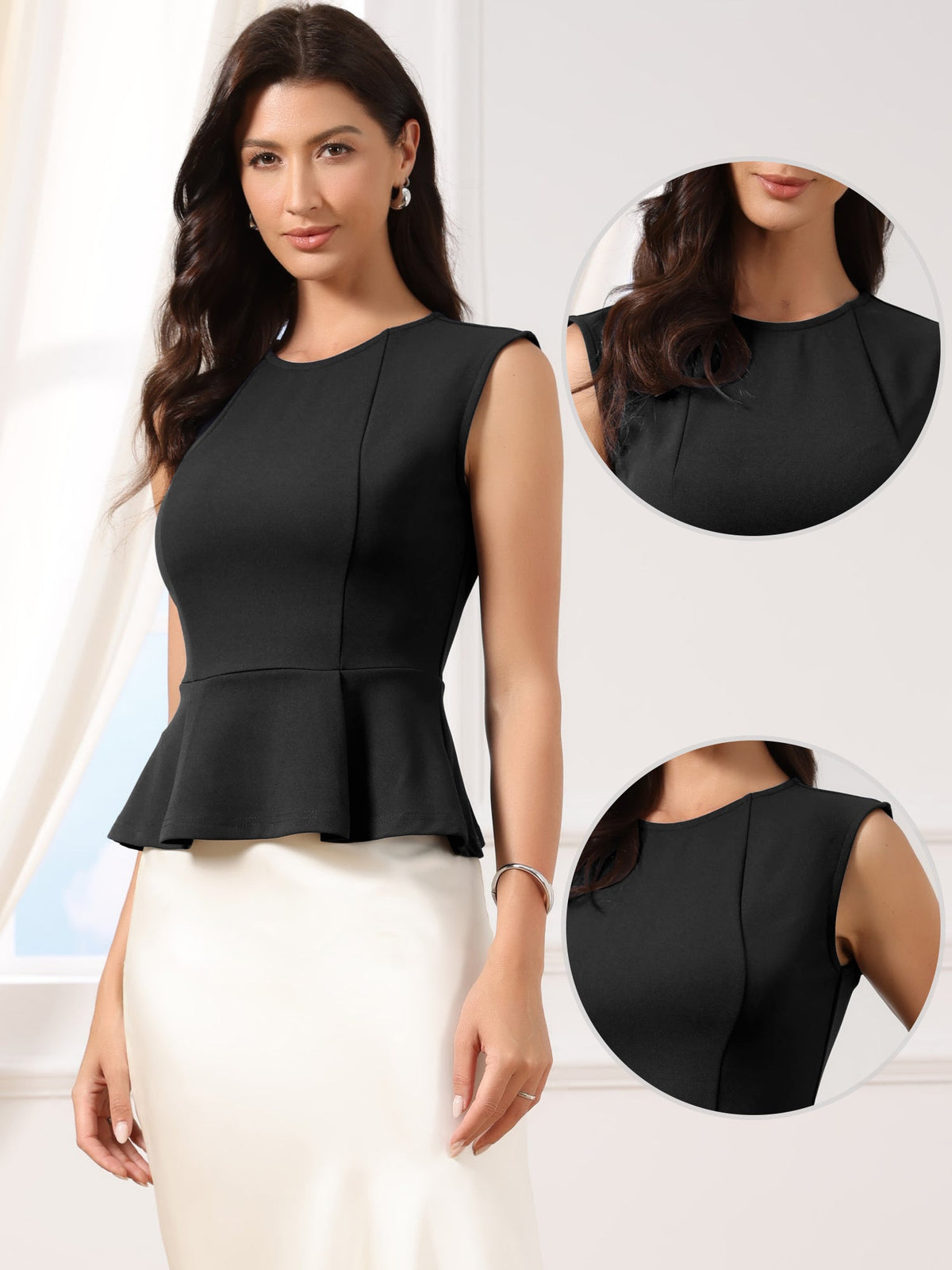 Sleeveless Crew Neck Flared Hem Work Office Peplum Blouse