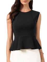 Sleeveless Crew Neck Flared Hem Work Office Peplum Blouse