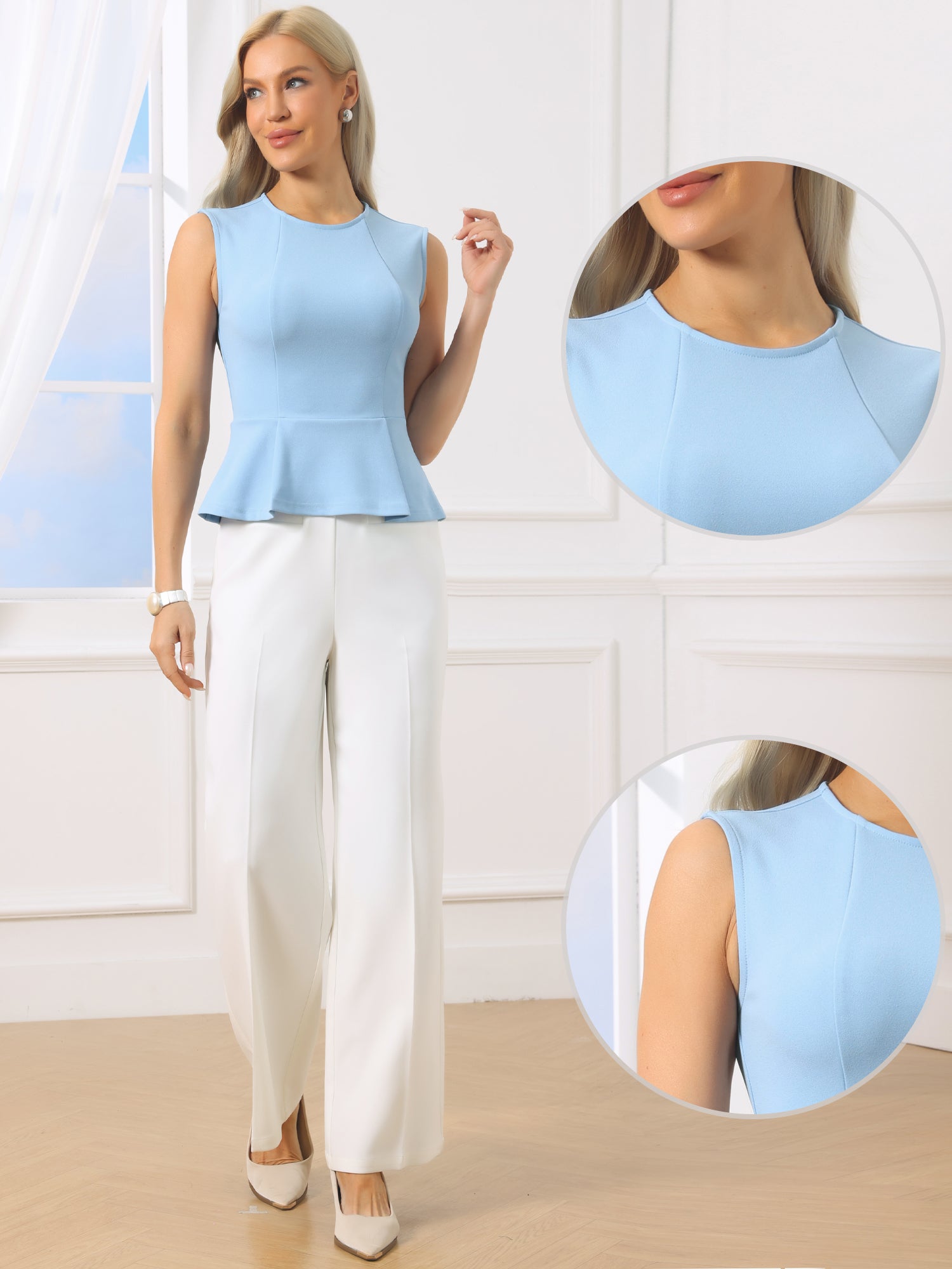 Sleeveless Crew Neck Flared Hem Work Office Peplum Blouse
