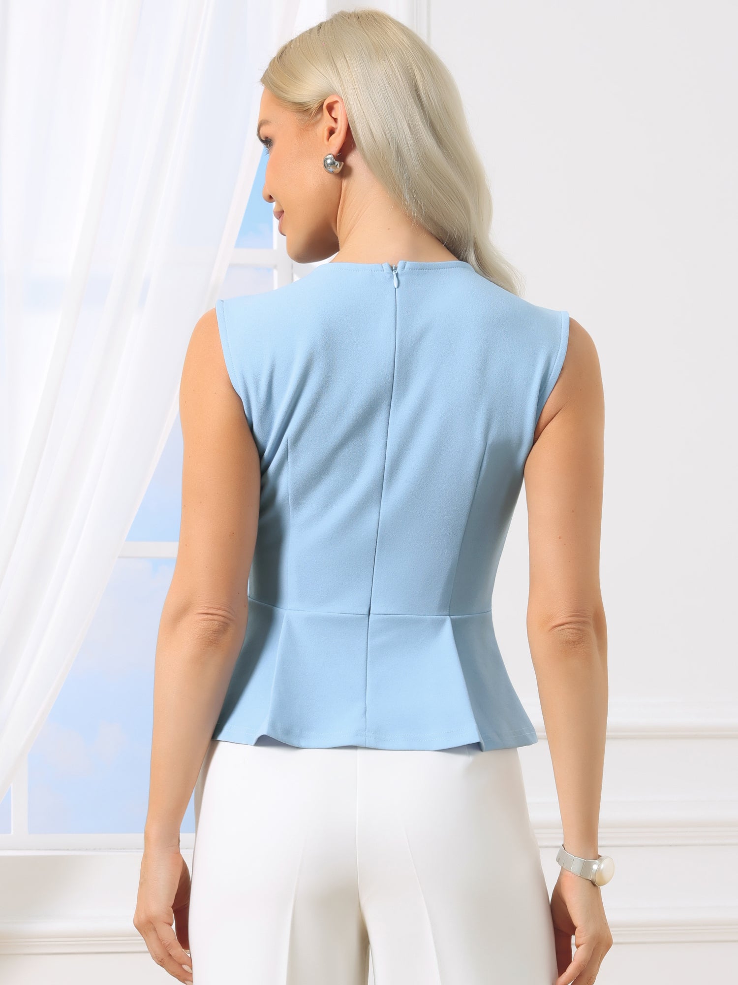 Sleeveless Crew Neck Flared Hem Work Office Peplum Blouse