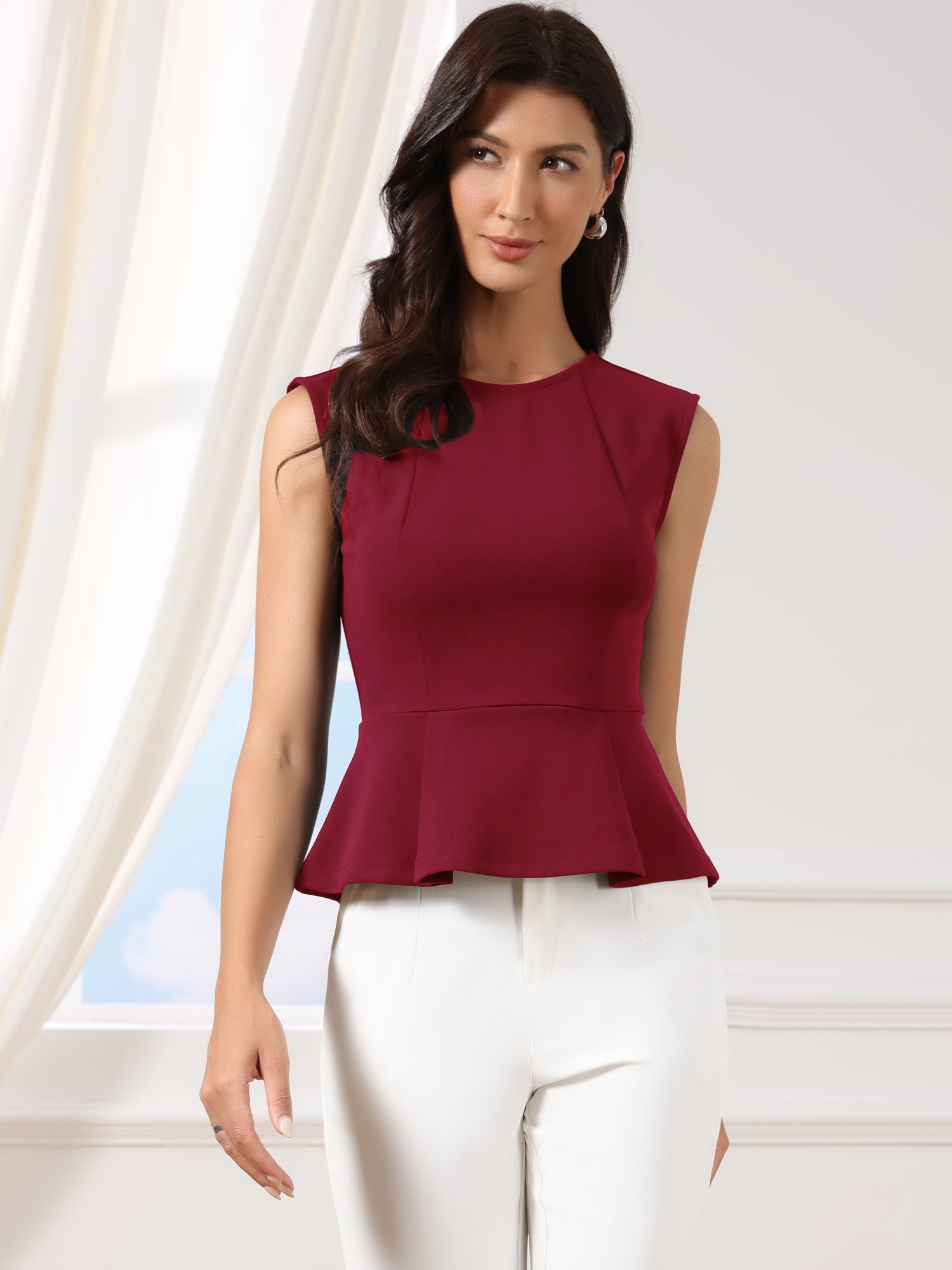 Sleeveless Crew Neck Flared Hem Work Office Peplum Blouse