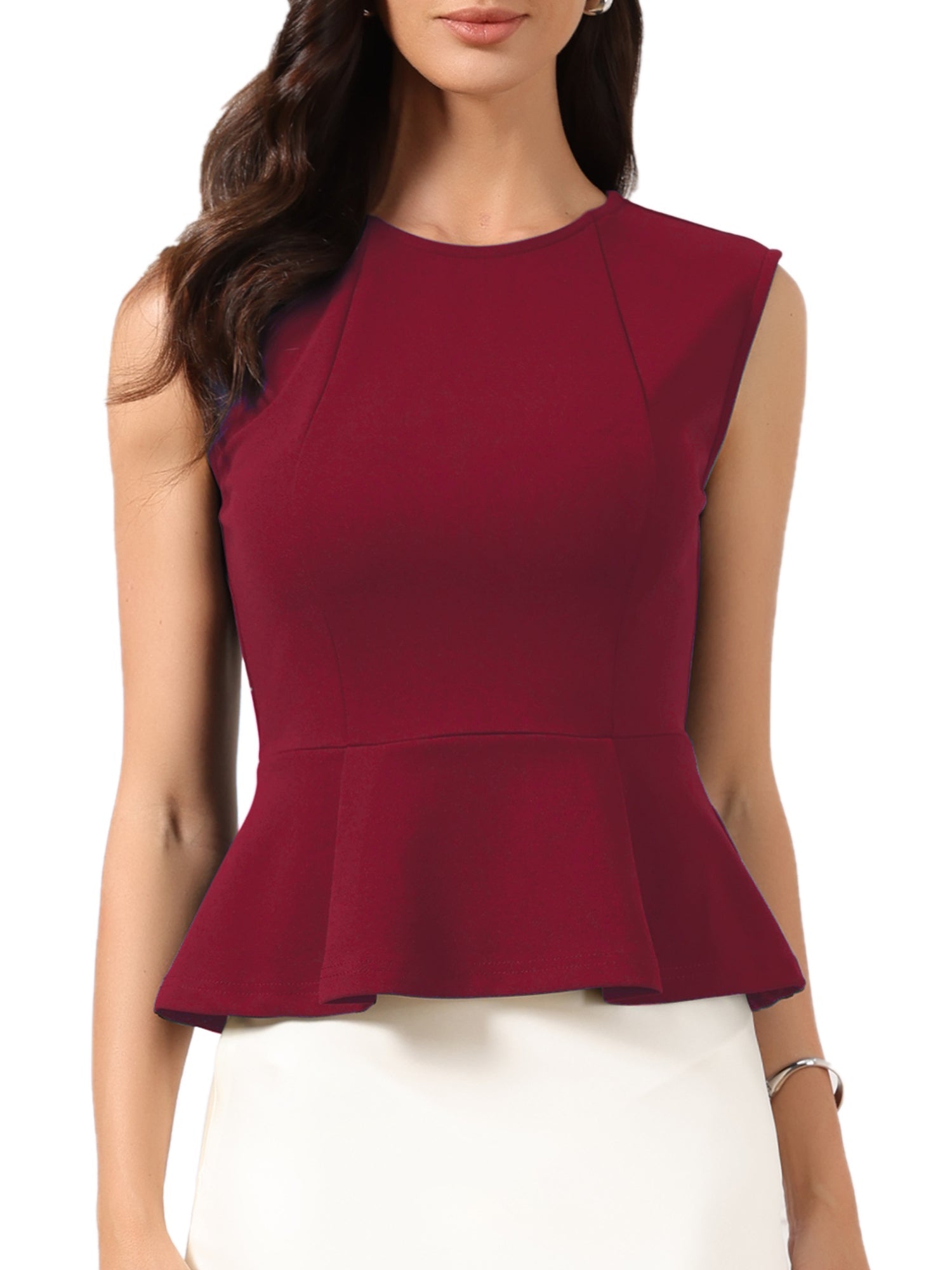 Sleeveless Crew Neck Flared Hem Work Office Peplum Blouse
