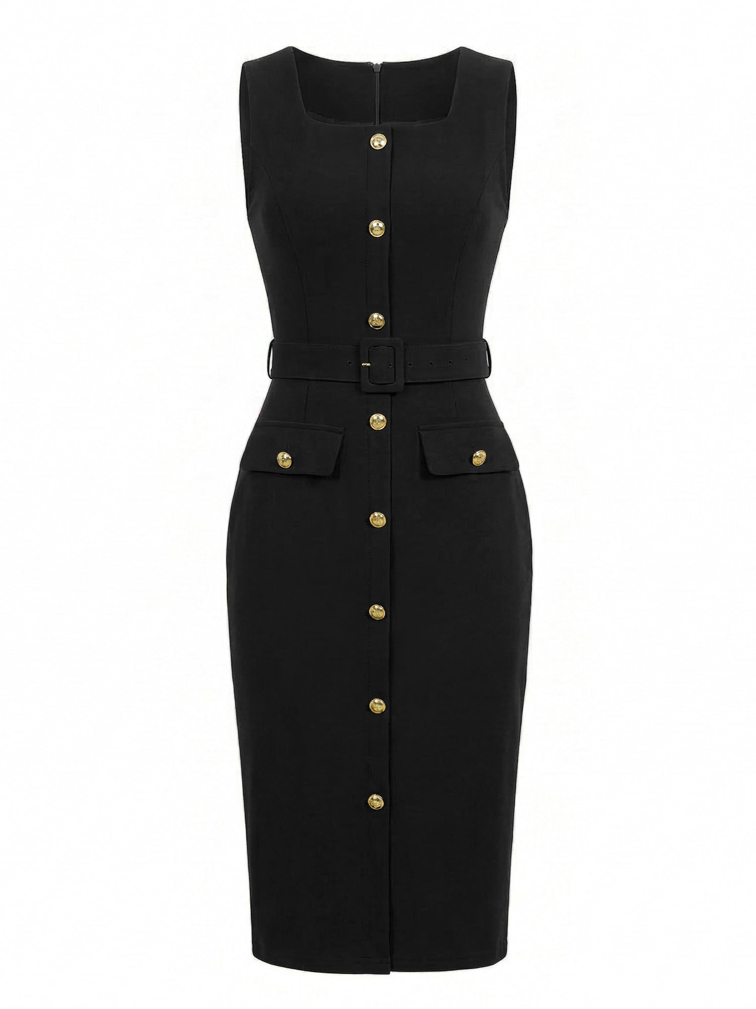 Sleeveless Square Neck Formal Belted Midi Work Dress