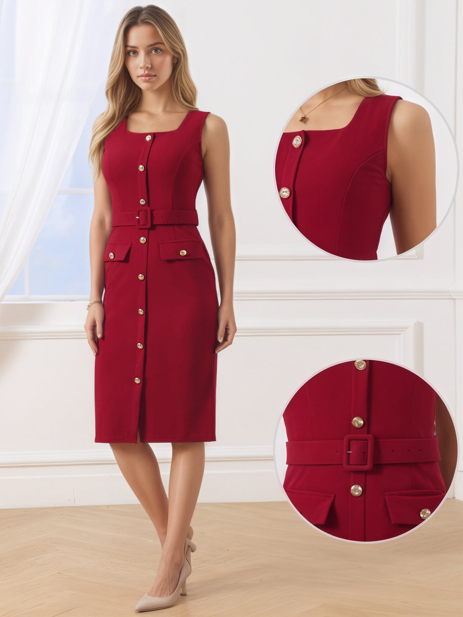 Sleeveless Square Neck Formal Belted Midi Work Dress