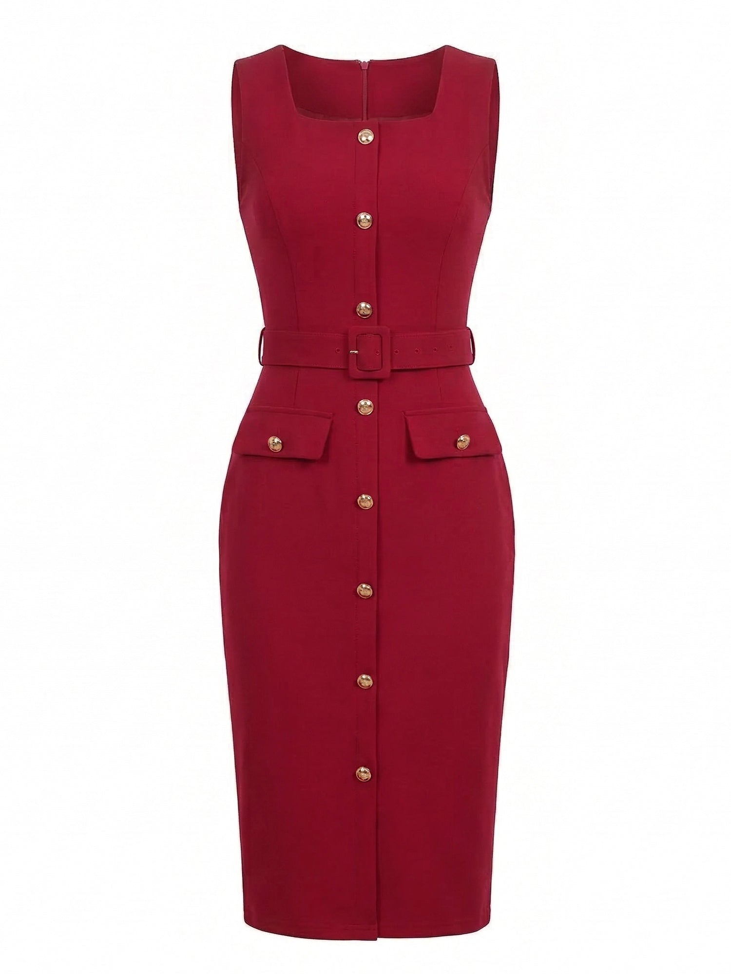 Sleeveless Square Neck Formal Belted Midi Work Dress