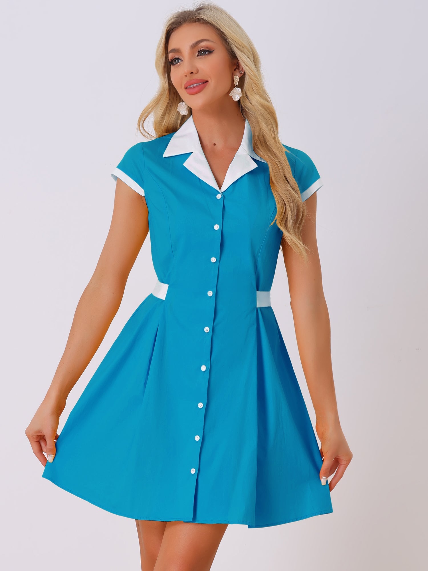 Retro Button Down Flat Collar Belted Office Mini Shirt Dress