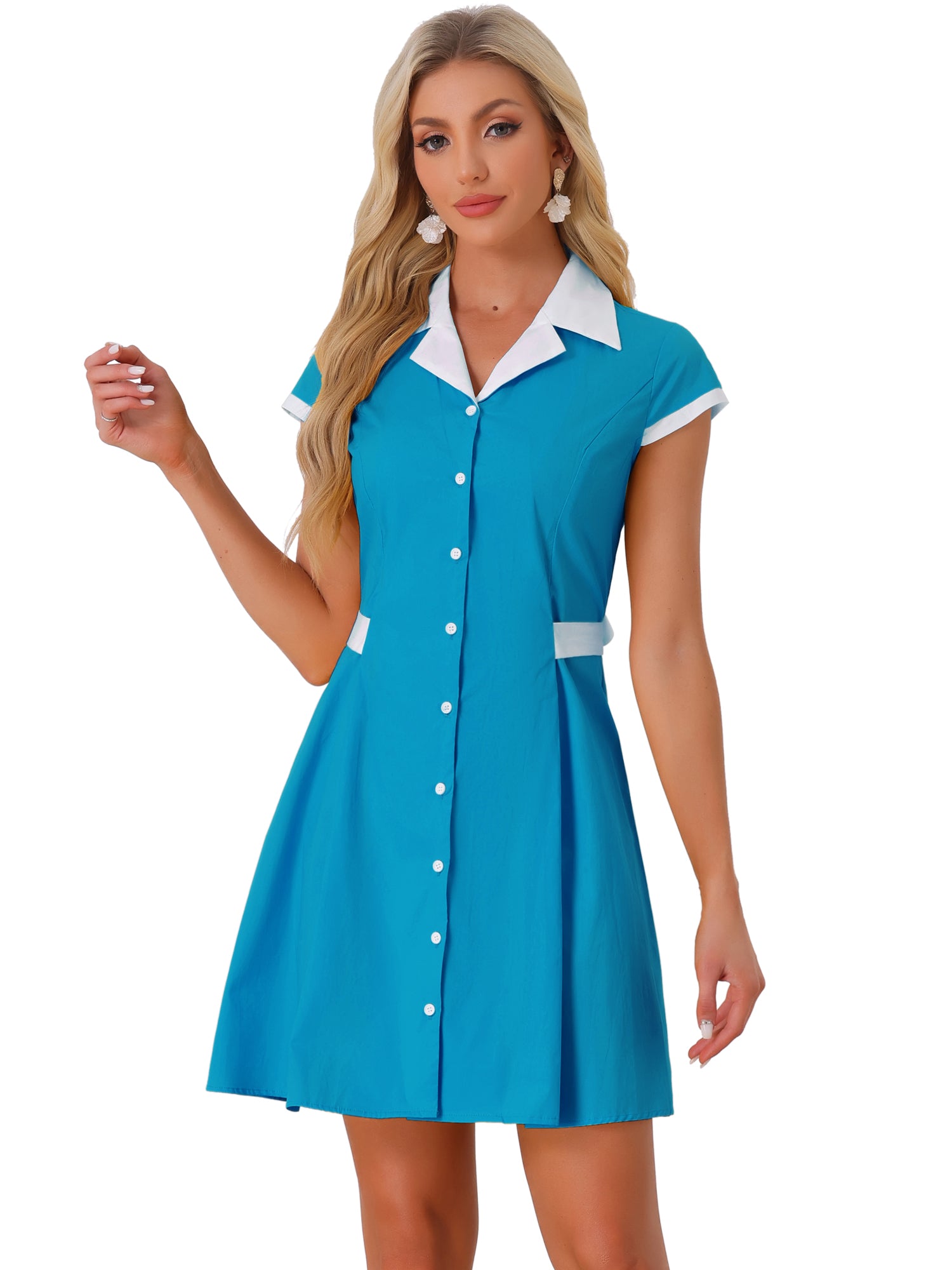 Retro Button Down Flat Collar Belted Office Mini Shirt Dress