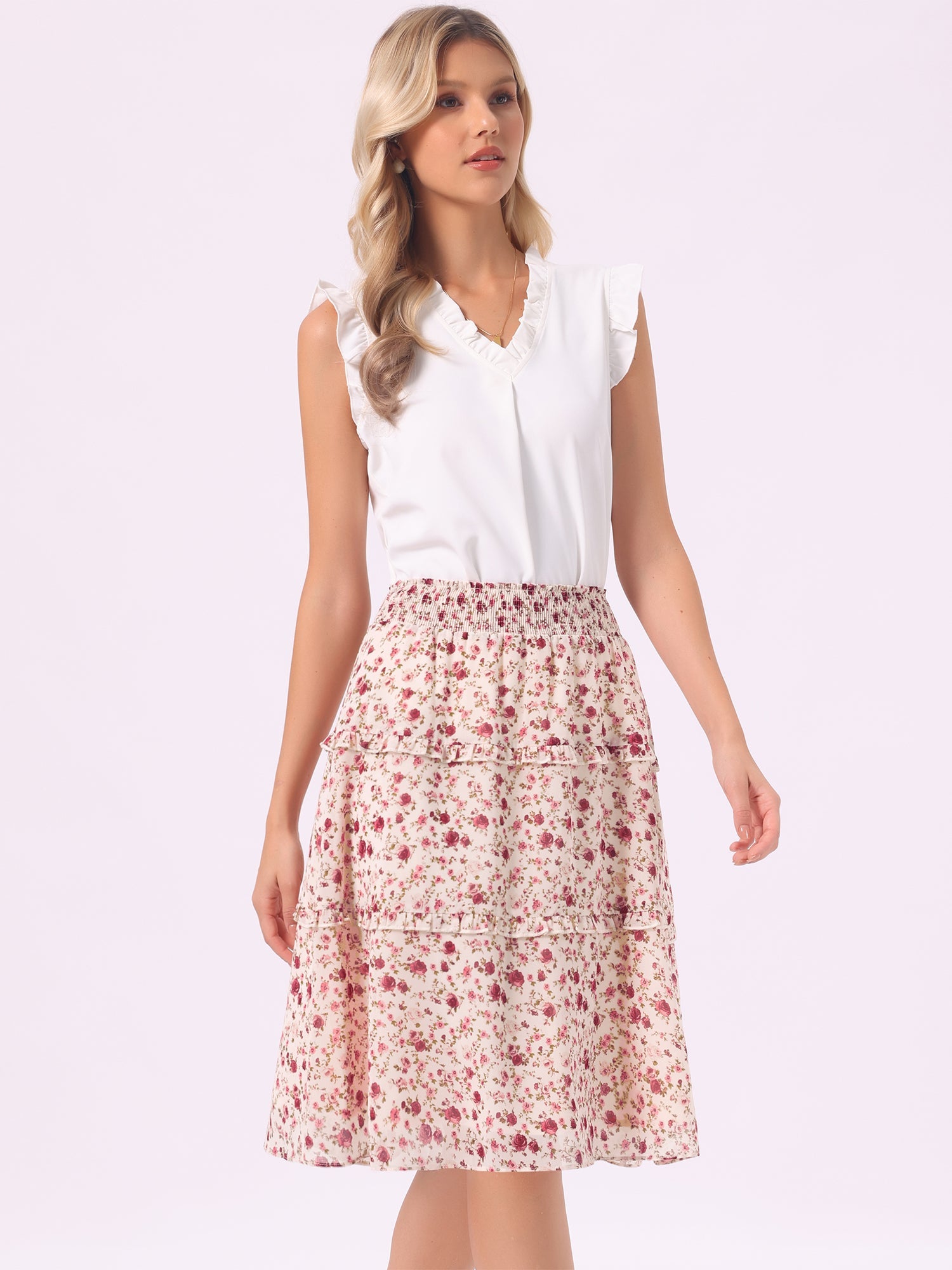 Floral Smocked Elastic Waist Knee Length Ruffle Tiered Skirt