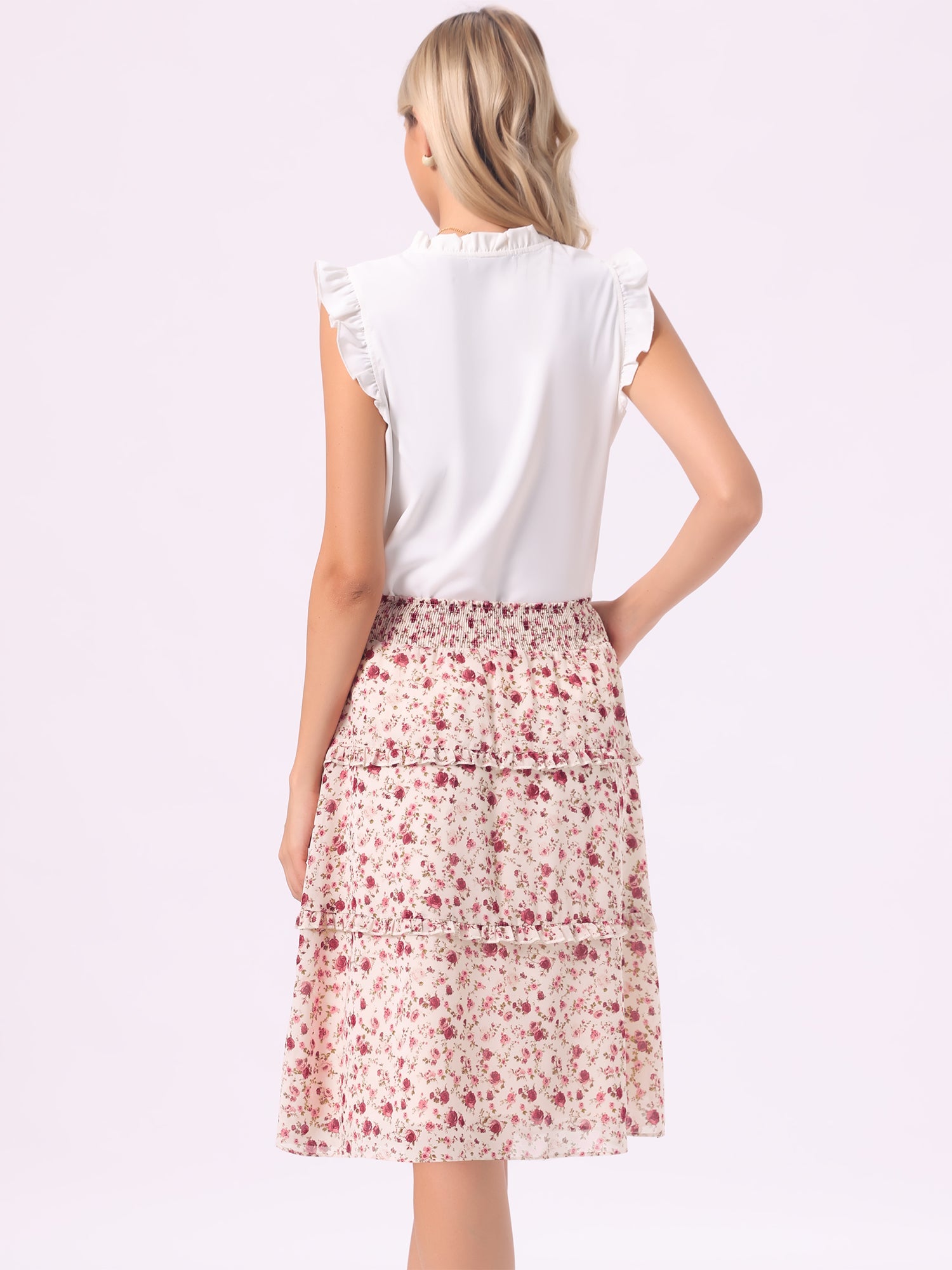 Floral Smocked Elastic Waist Knee Length Ruffle Tiered Skirt