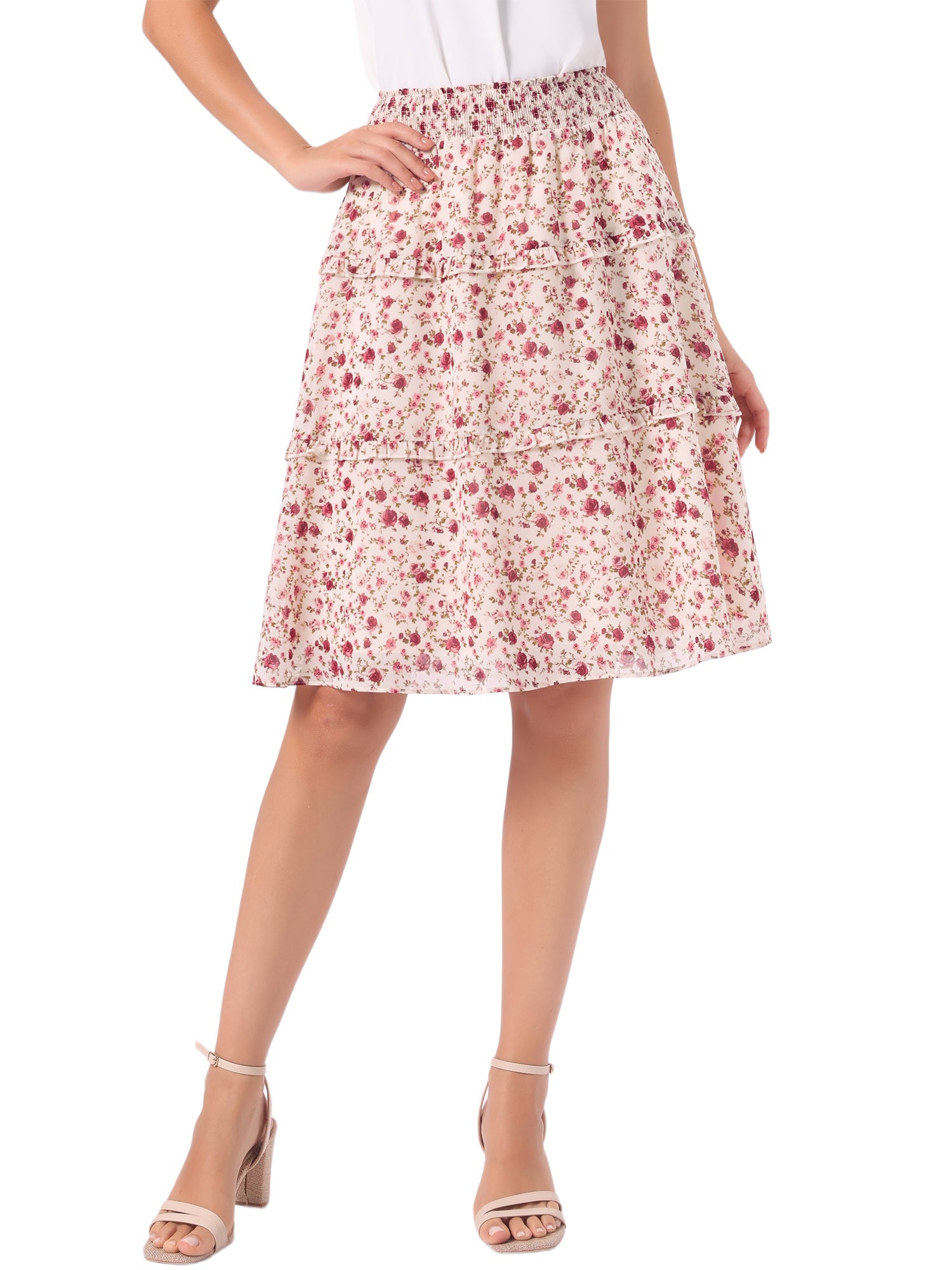 Floral Smocked Elastic Waist Knee Length Ruffle Tiered Skirt