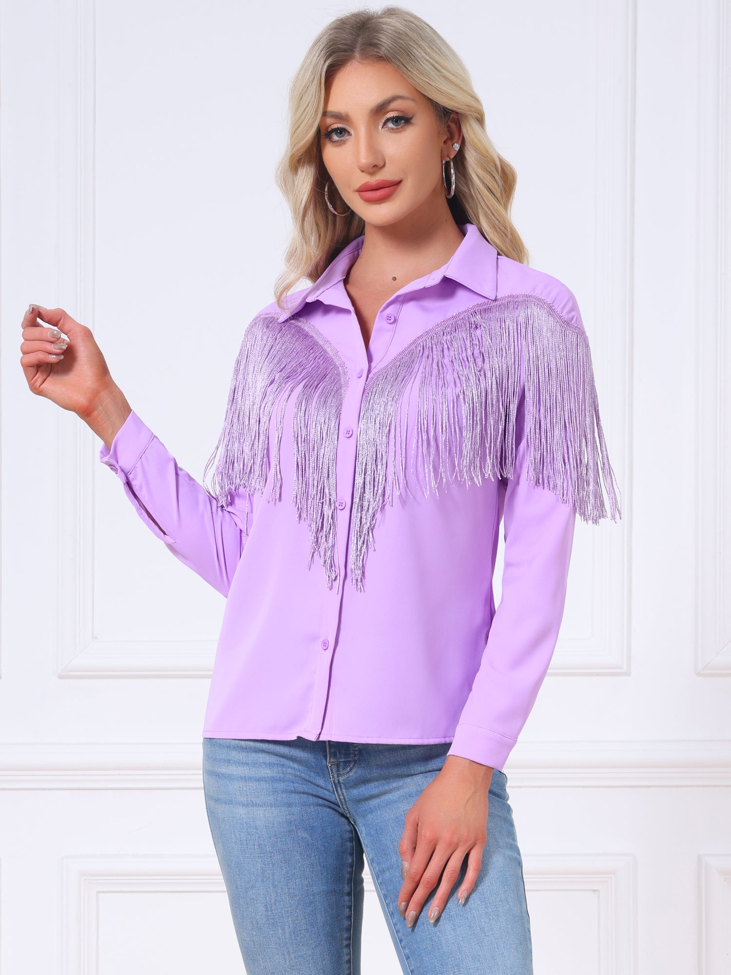 Glitter Fringe Long Sleeve Button Down Disco Party Cowgirl Blouse