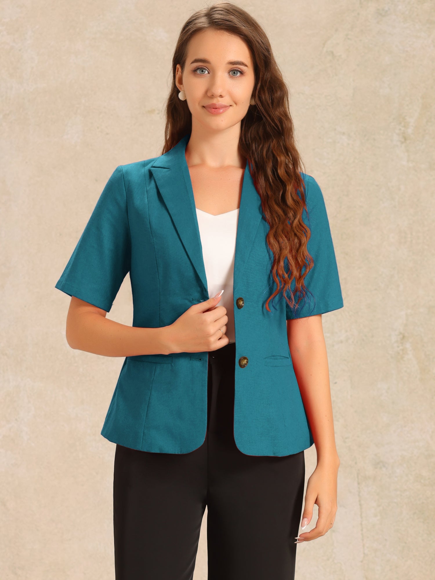 Cotton Linen Office Business Short Sleeve Notched Lapel Blazer Jacket