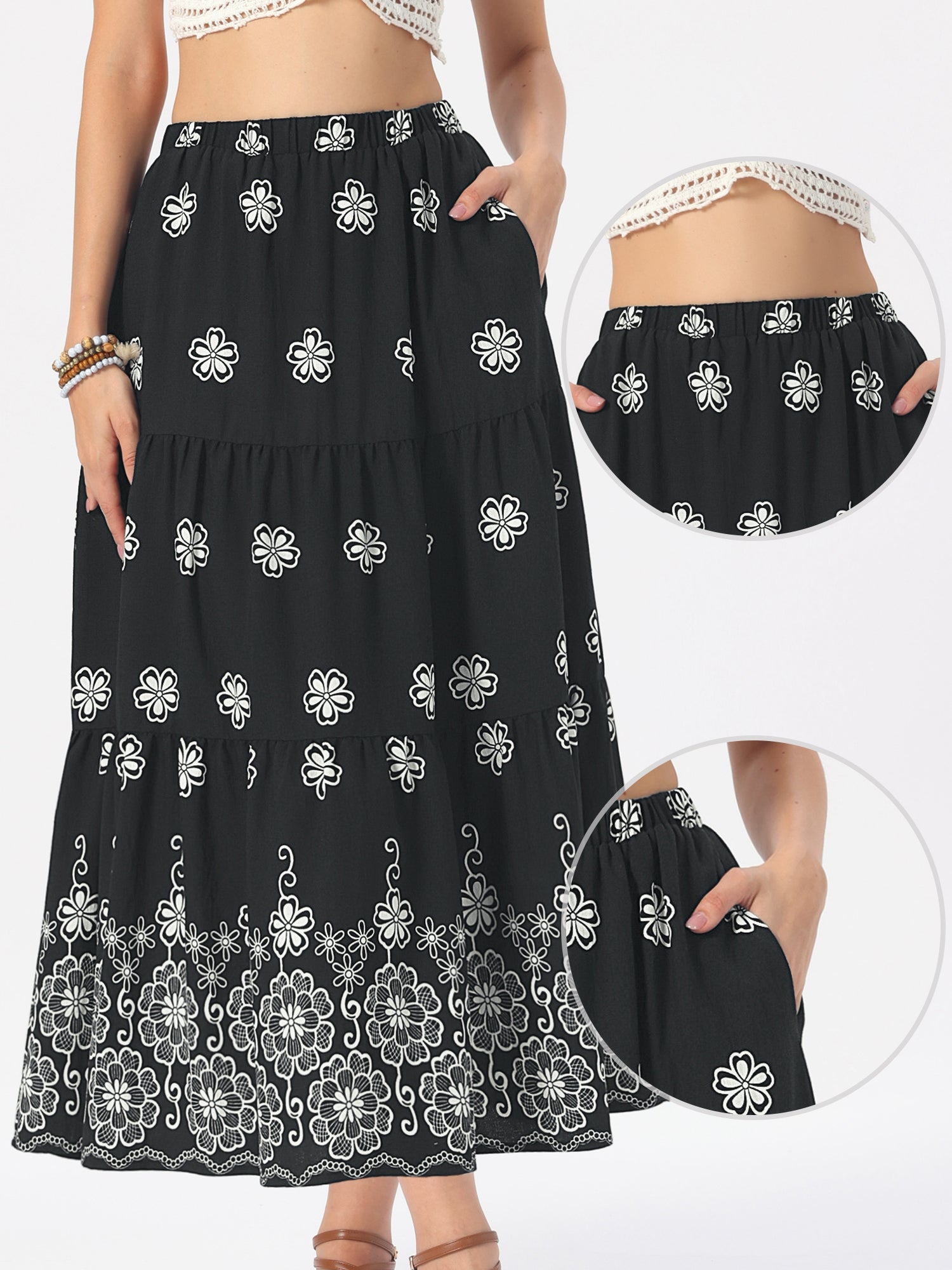 Boho Floral A-Line Tiered Maxi Skirt With Pockets