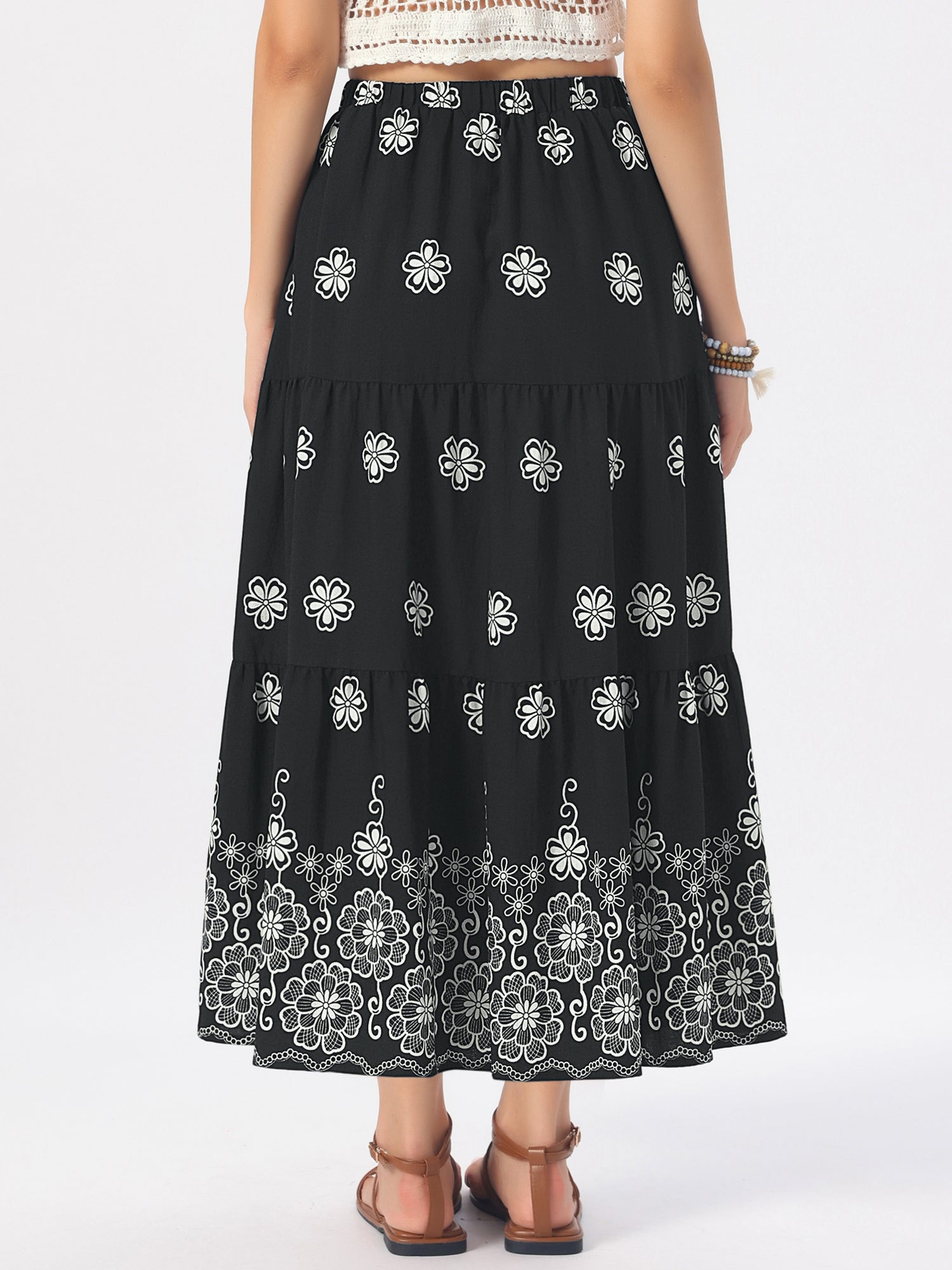 Boho Floral A-Line Tiered Maxi Skirt With Pockets