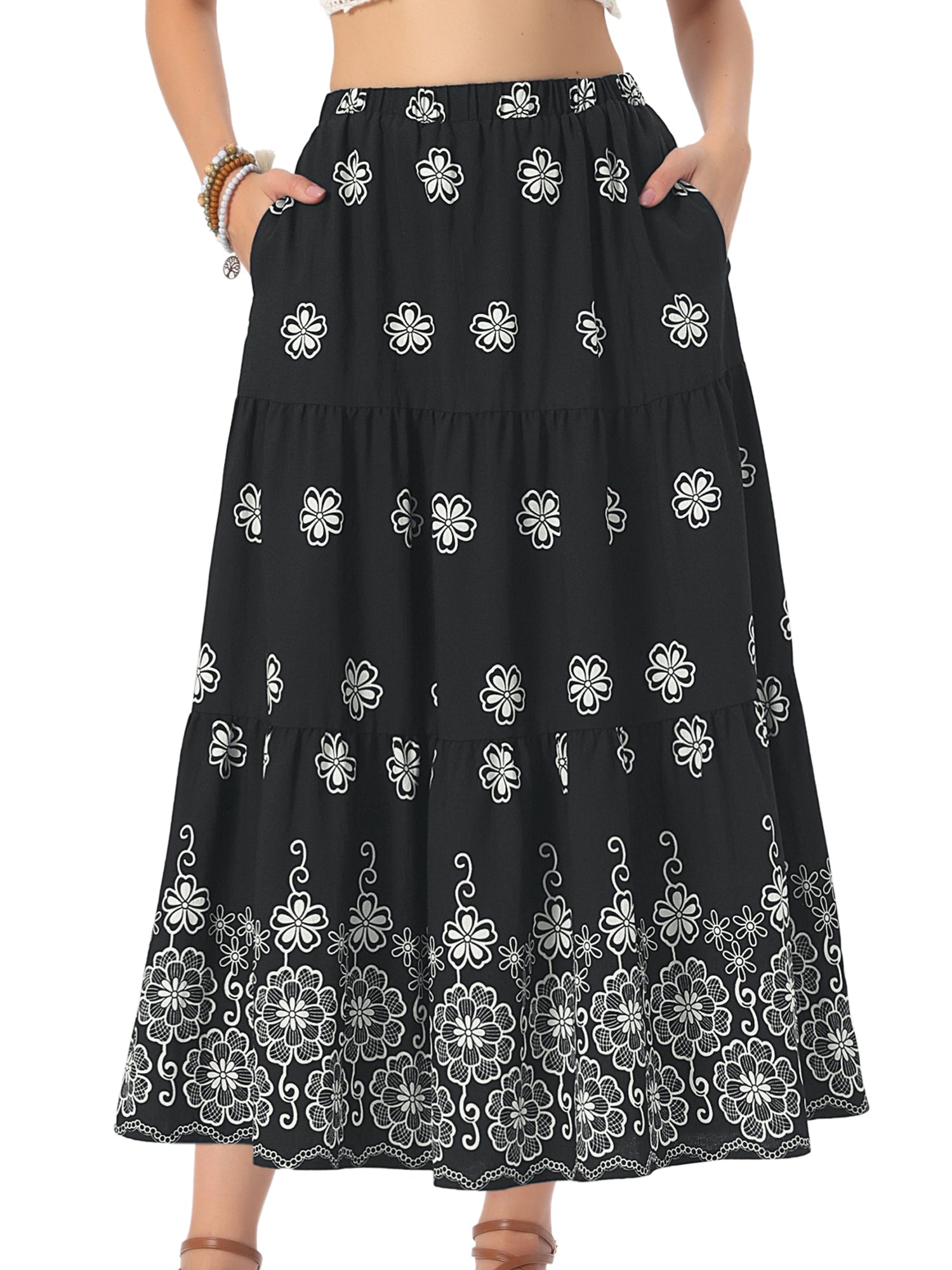 Boho Floral A-Line Tiered Maxi Skirt With Pockets