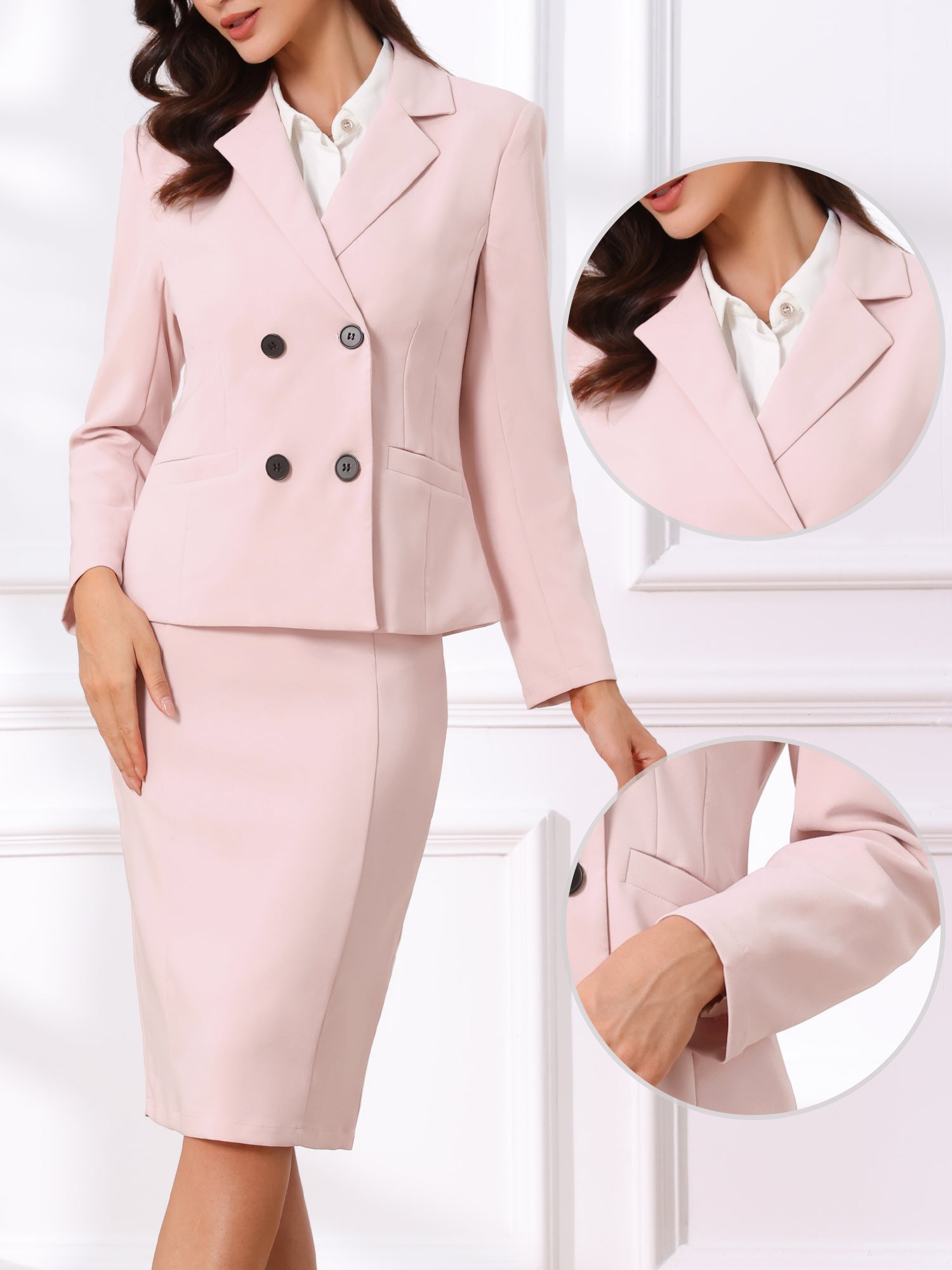2 Pieces Long Sleeve Work Outfits Blazer and Pencil Skirt Suit Set
