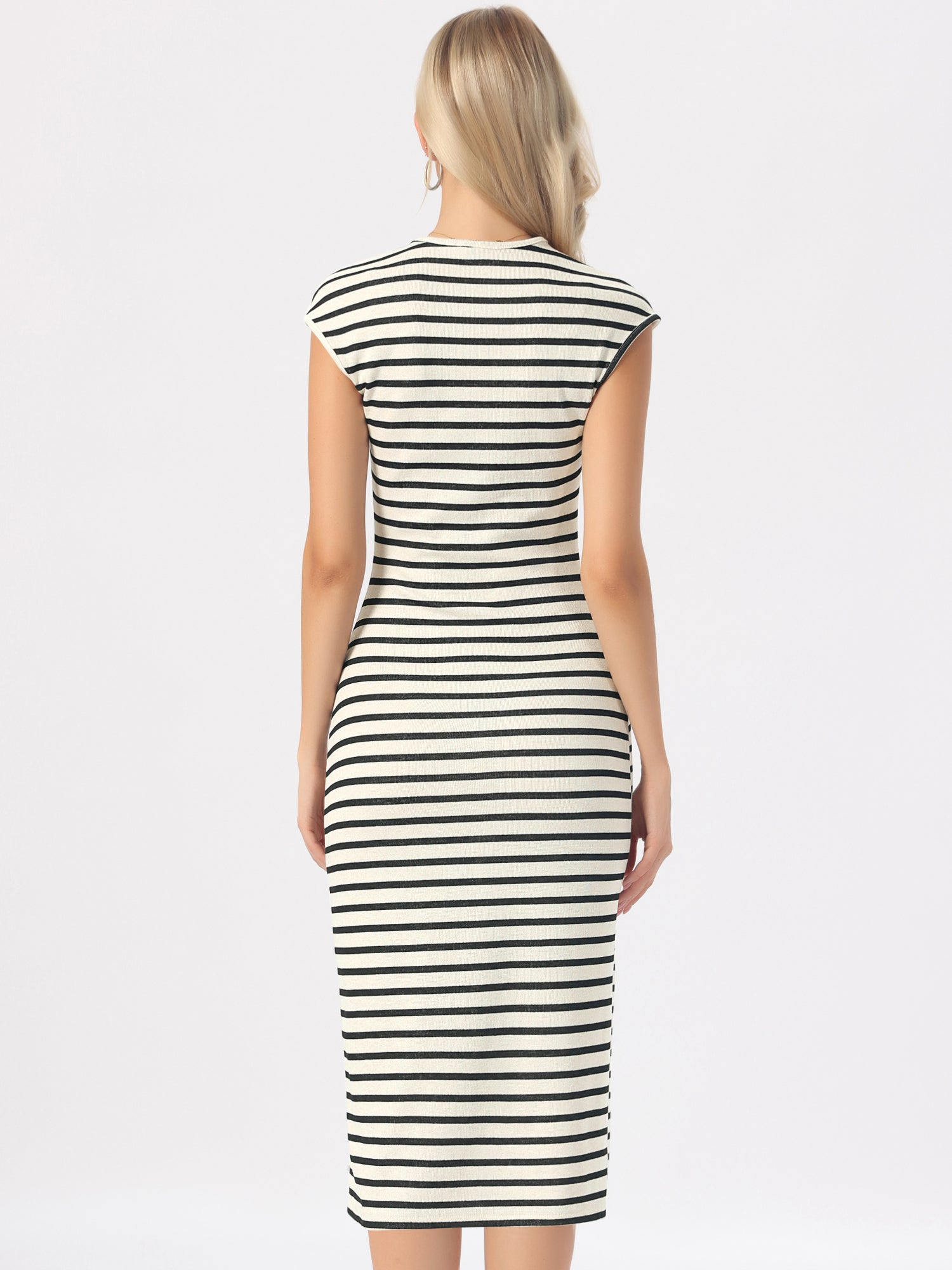 Striped Crew Neck Cap Sleeve Knit Midi Dress