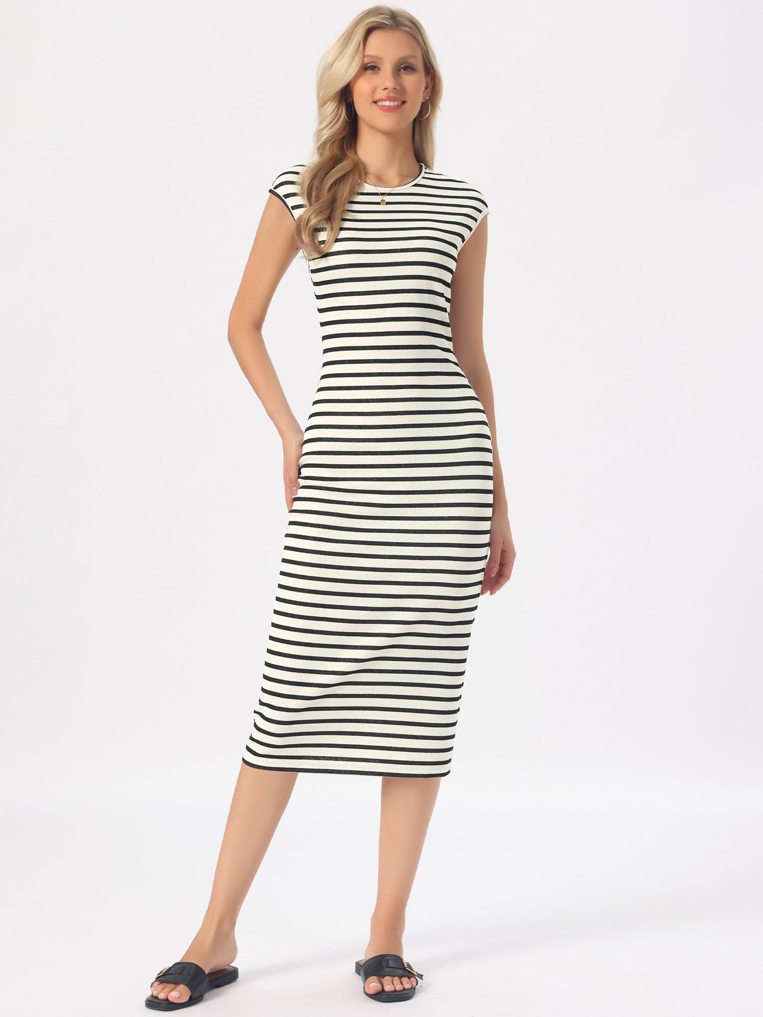 Striped Crew Neck Cap Sleeve Knit Midi Dress