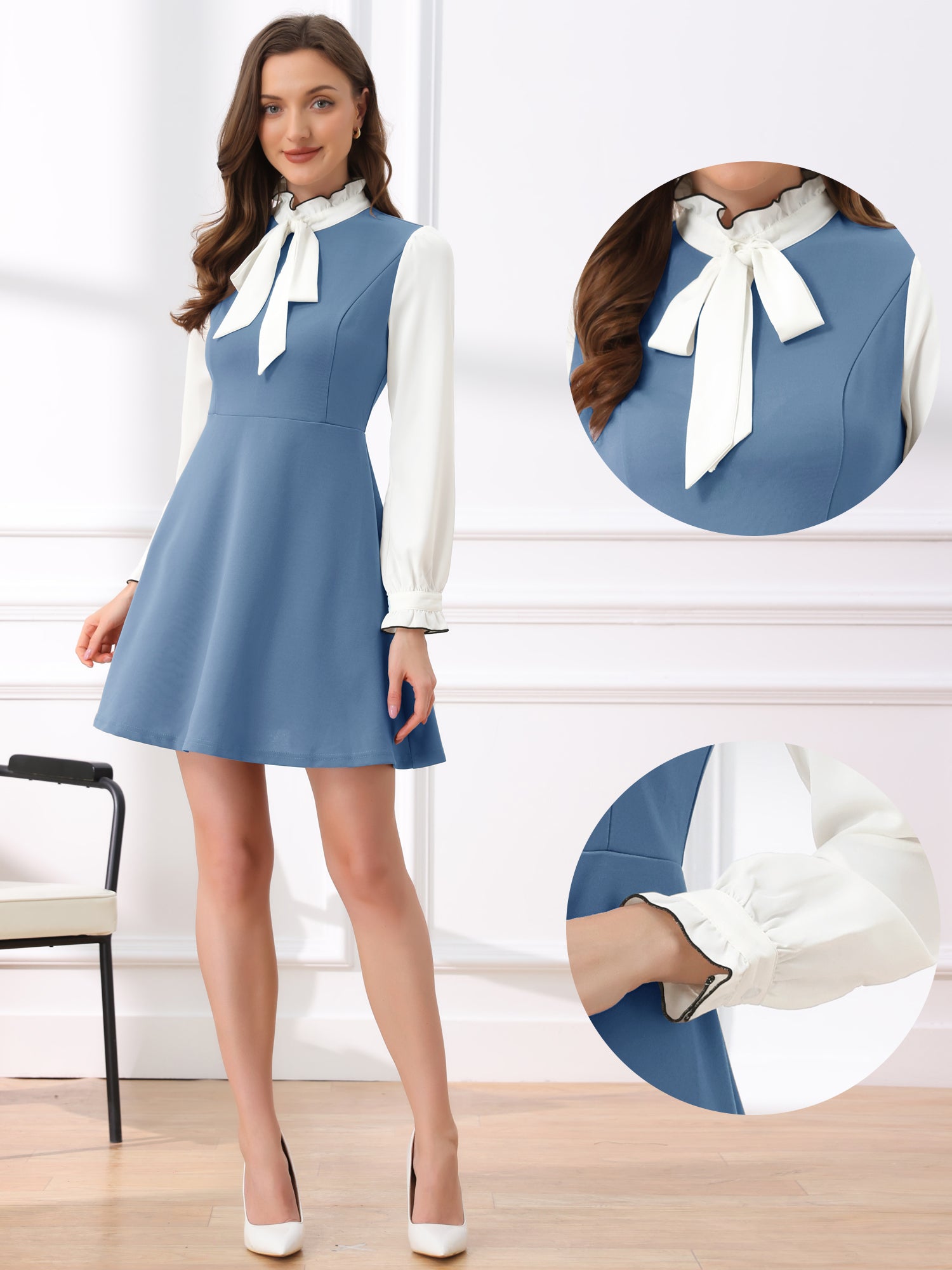 Patchwork Contrast Color Long Sleeve Tie Neck Mini Dress