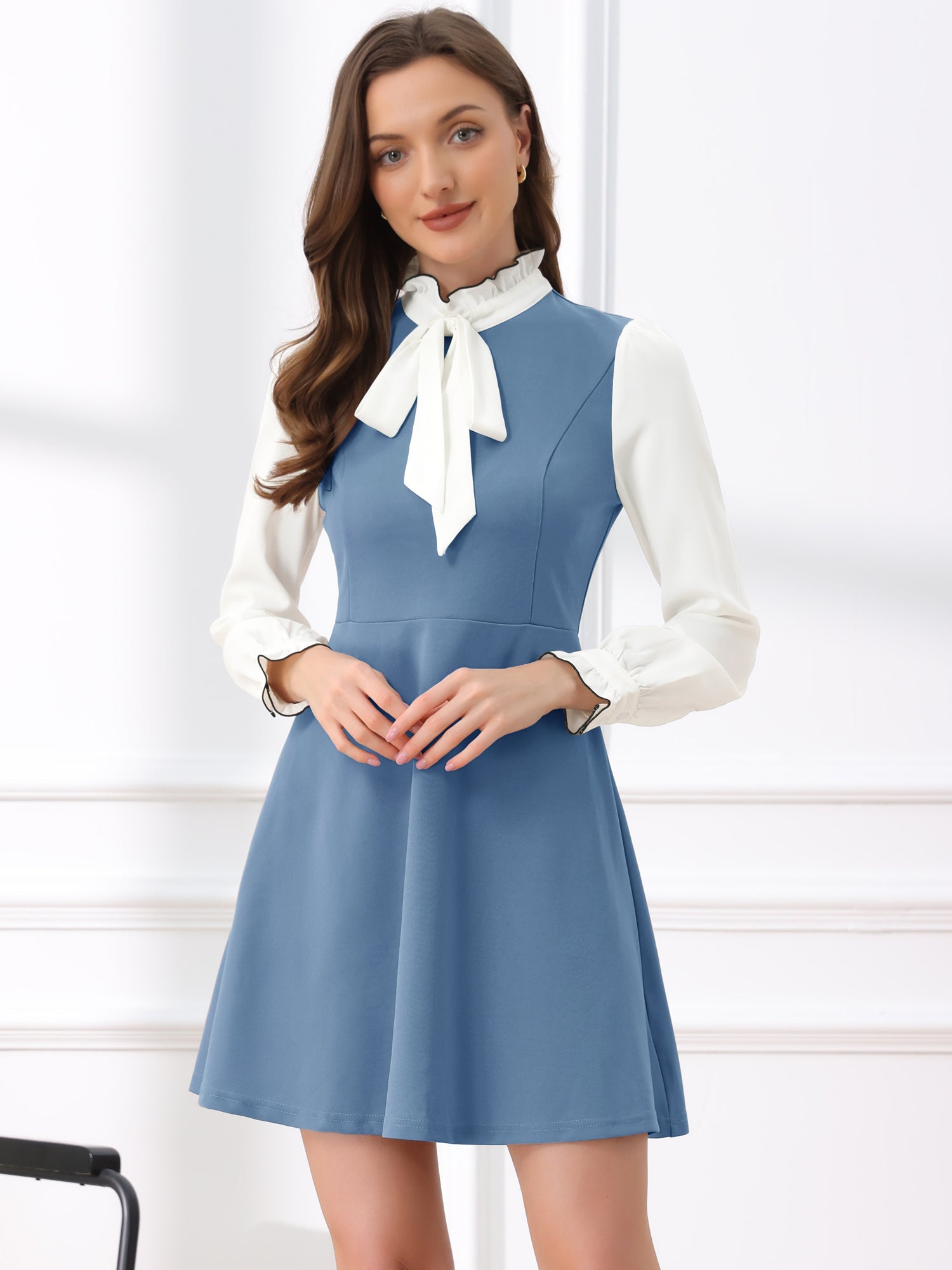 Patchwork Contrast Color Long Sleeve Tie Neck Mini Dress