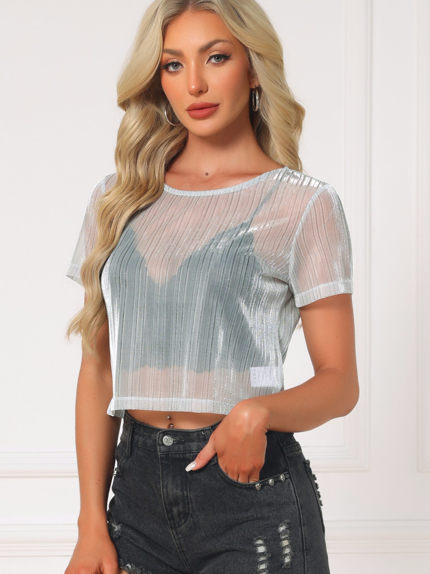 Mesh Short Sleeve Mesh Metallic Party See Through Crop Shirt