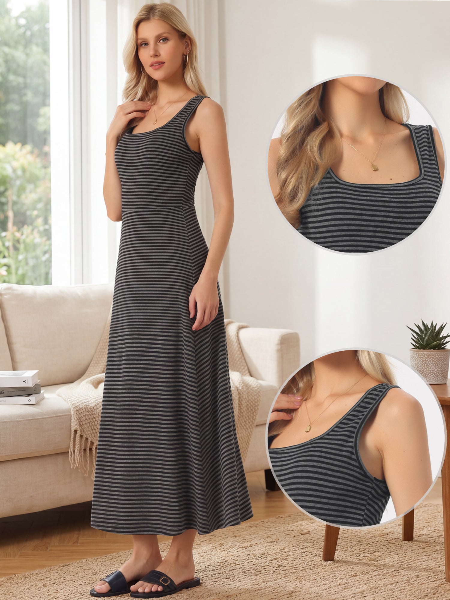 Striped U Neck Sleeveless Casual Maxi Tank Dress