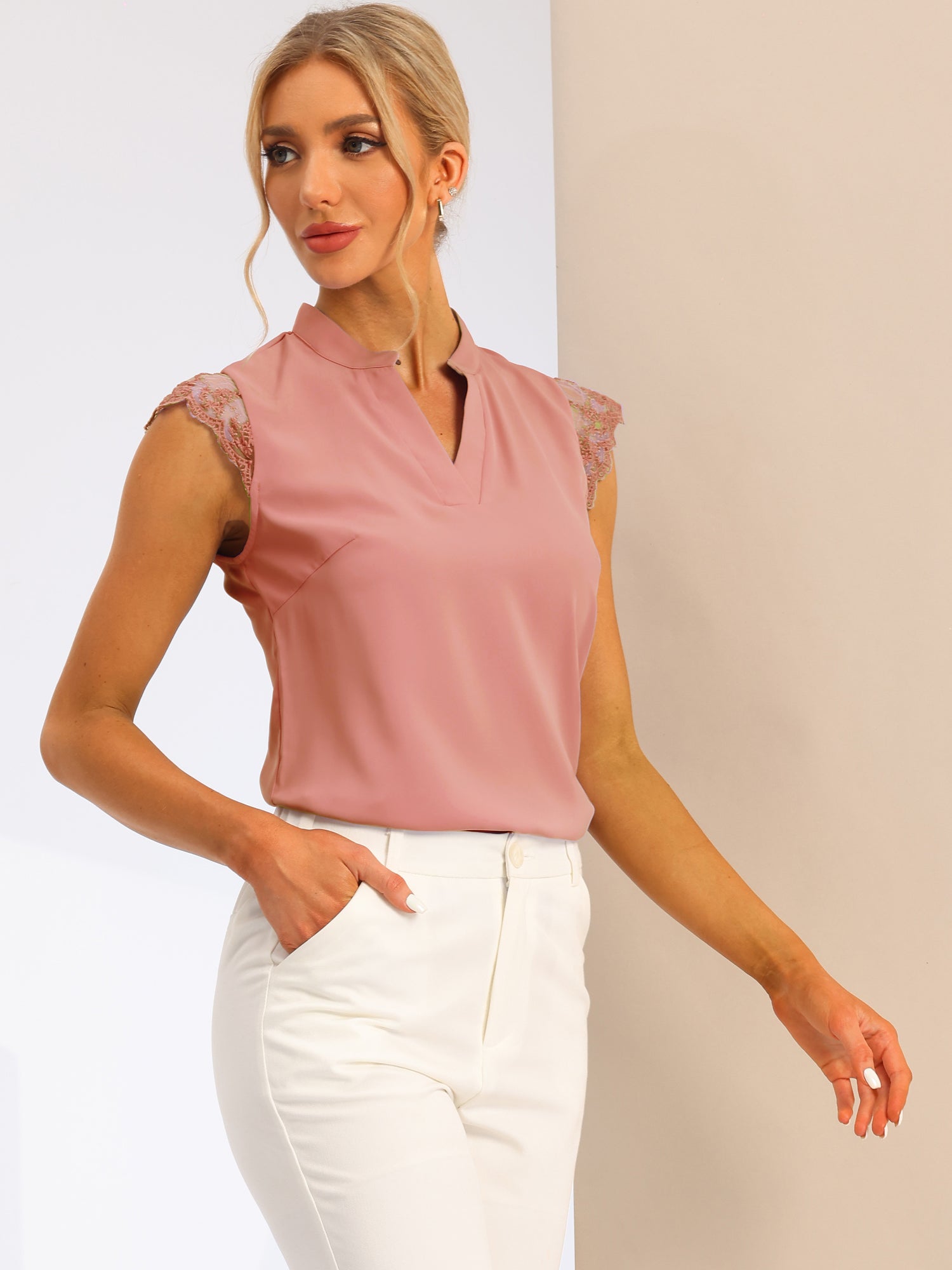 Work Top Office Lace Cap Sleeve Basic Shirt Blouse