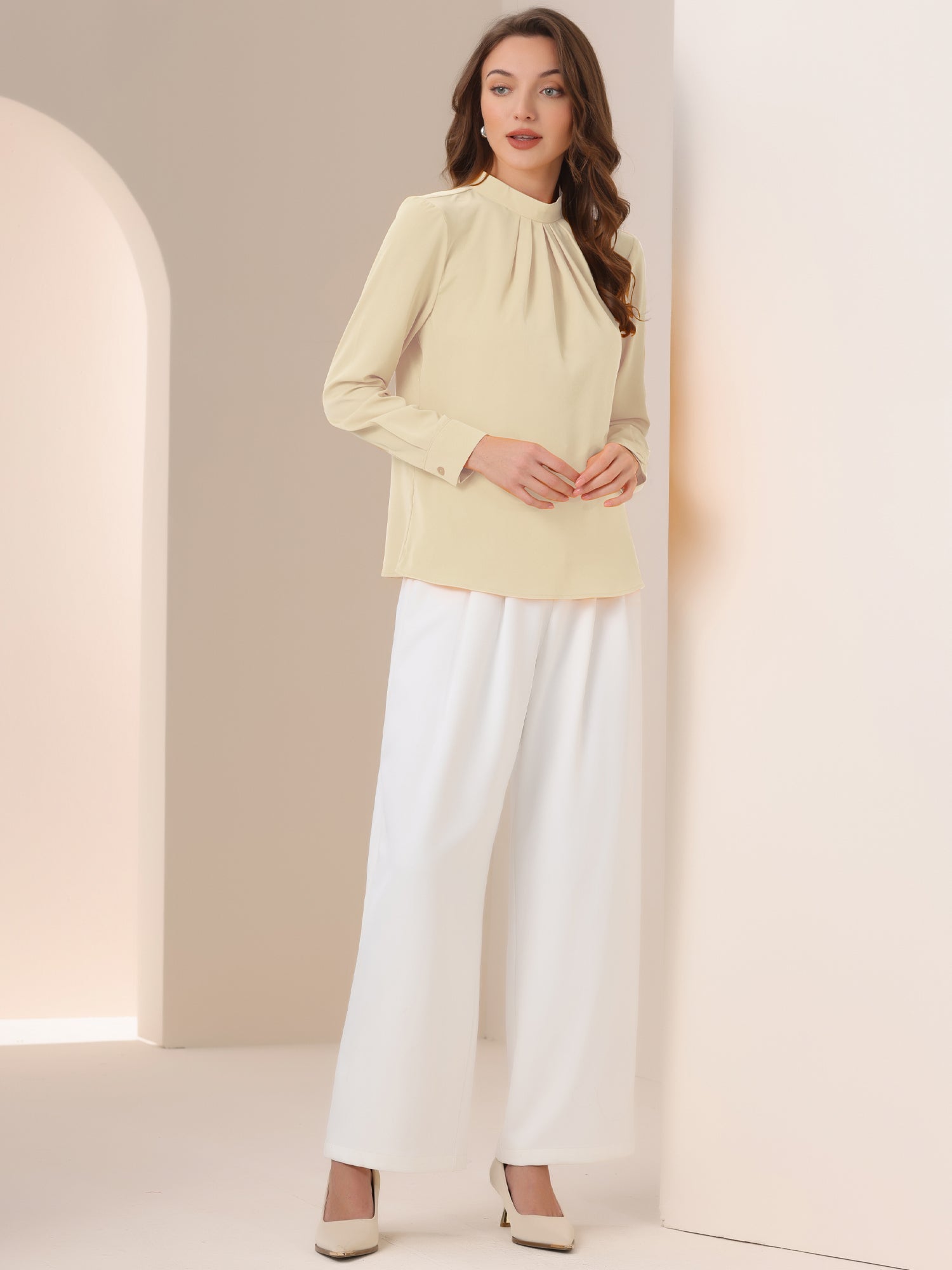 Stand Collar Chiffon Long Sleeve Business Casual Work Blouse