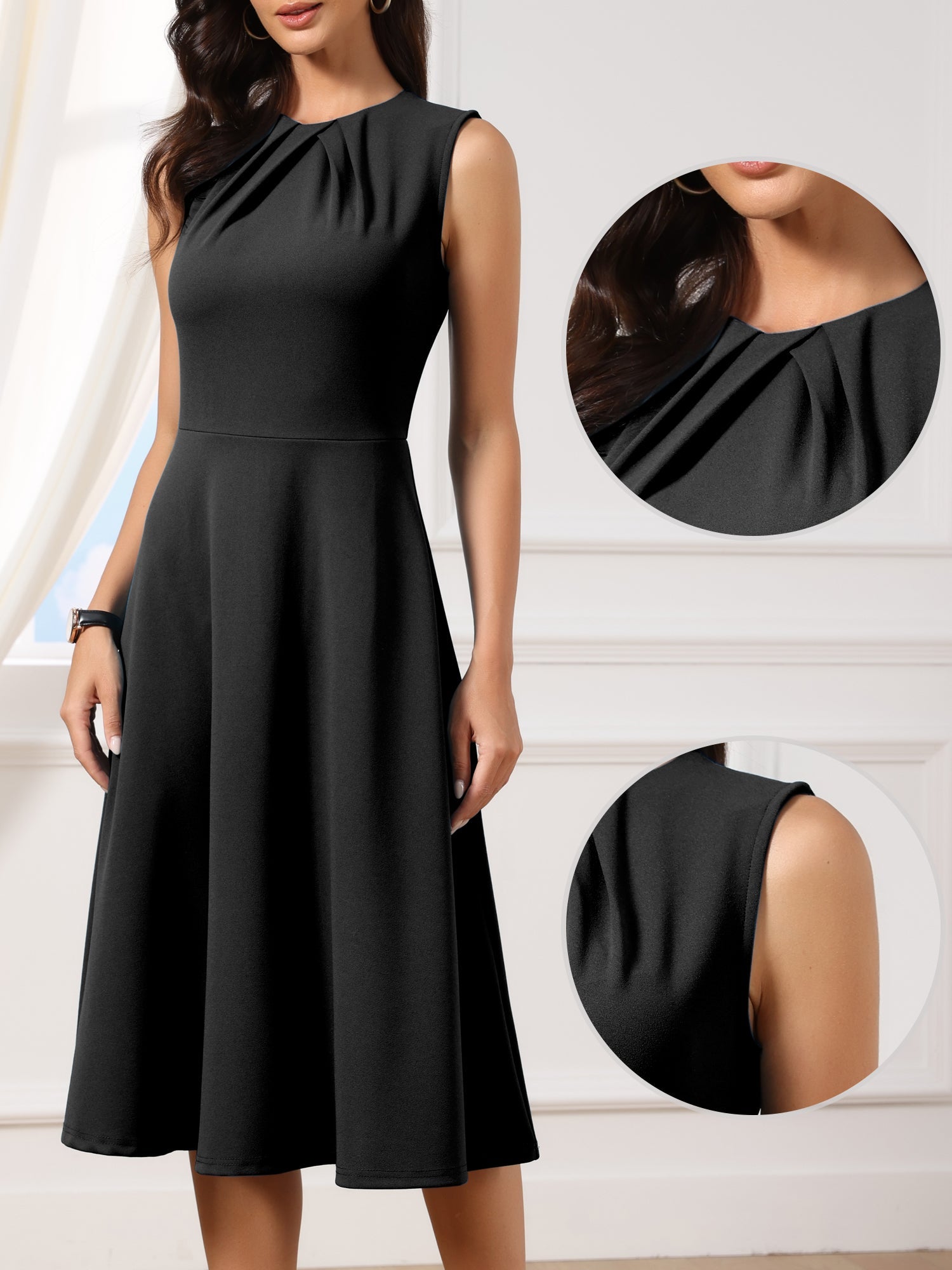 Pleated Crew Neck Sleevess Work A-Line Midi Dress