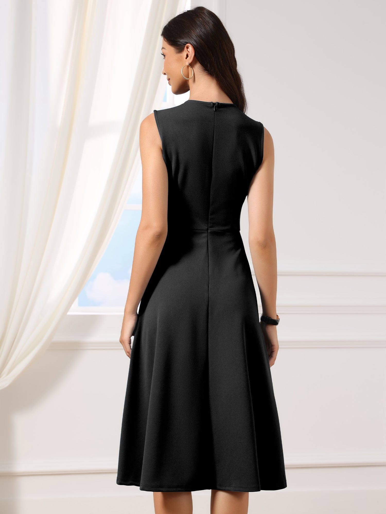 Pleated Crew Neck Sleevess Work A-Line Midi Dress