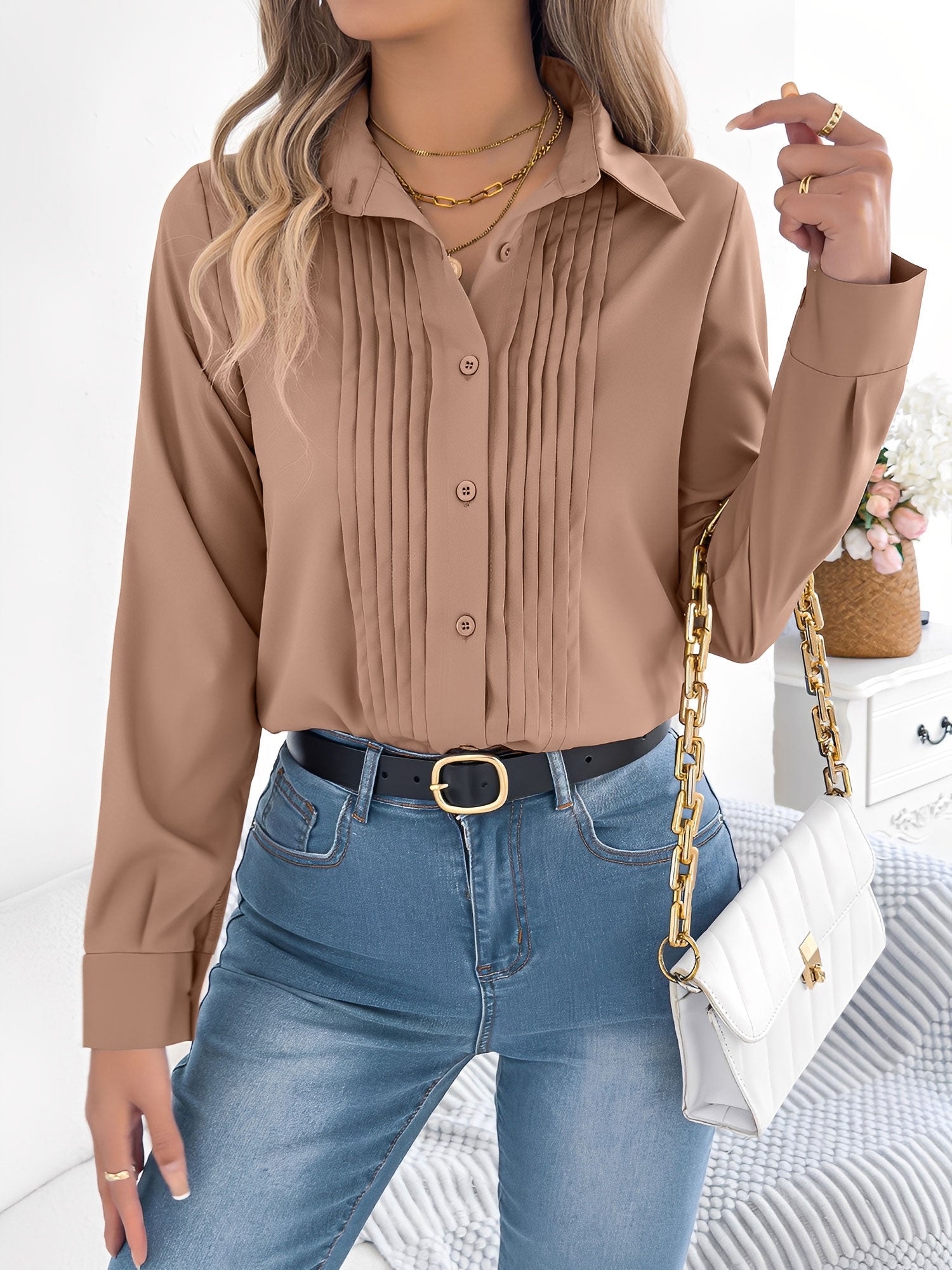 Pleated Solid Color Button Down Long Sleeve Shirt