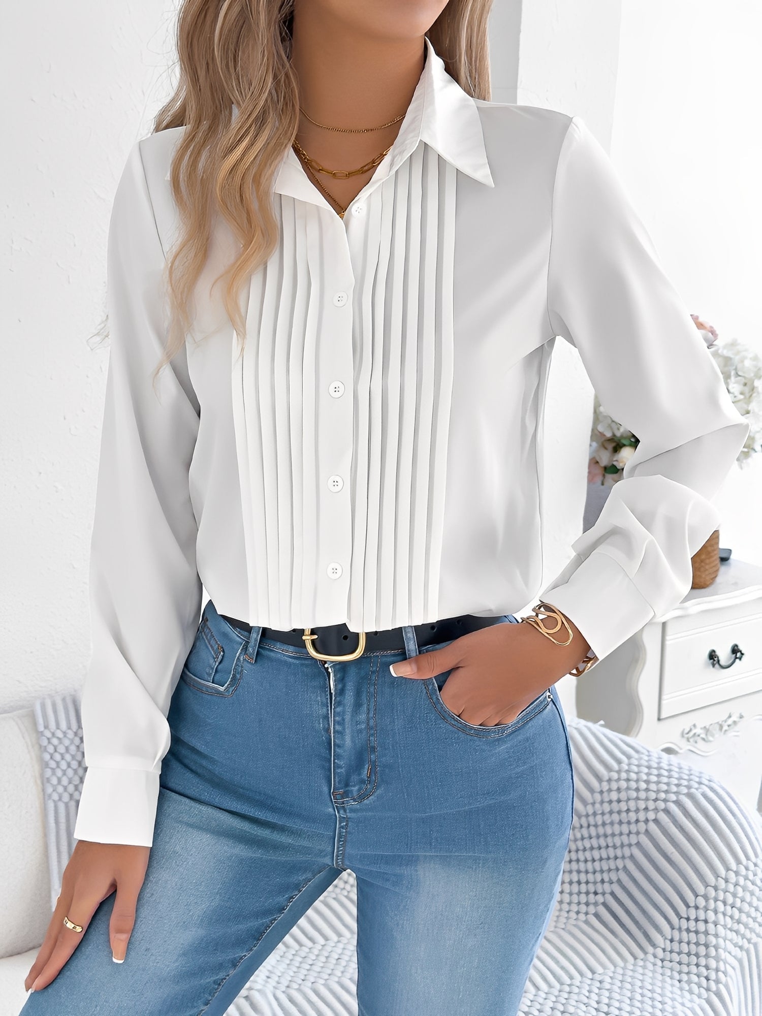 Pleated Solid Color Button Down Long Sleeve Shirt