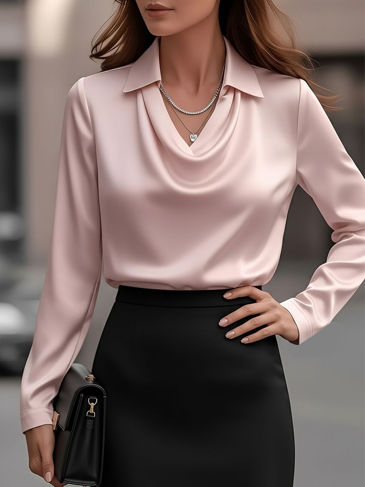 Collar Cowl Neck Long Sleeves Satin Blouse