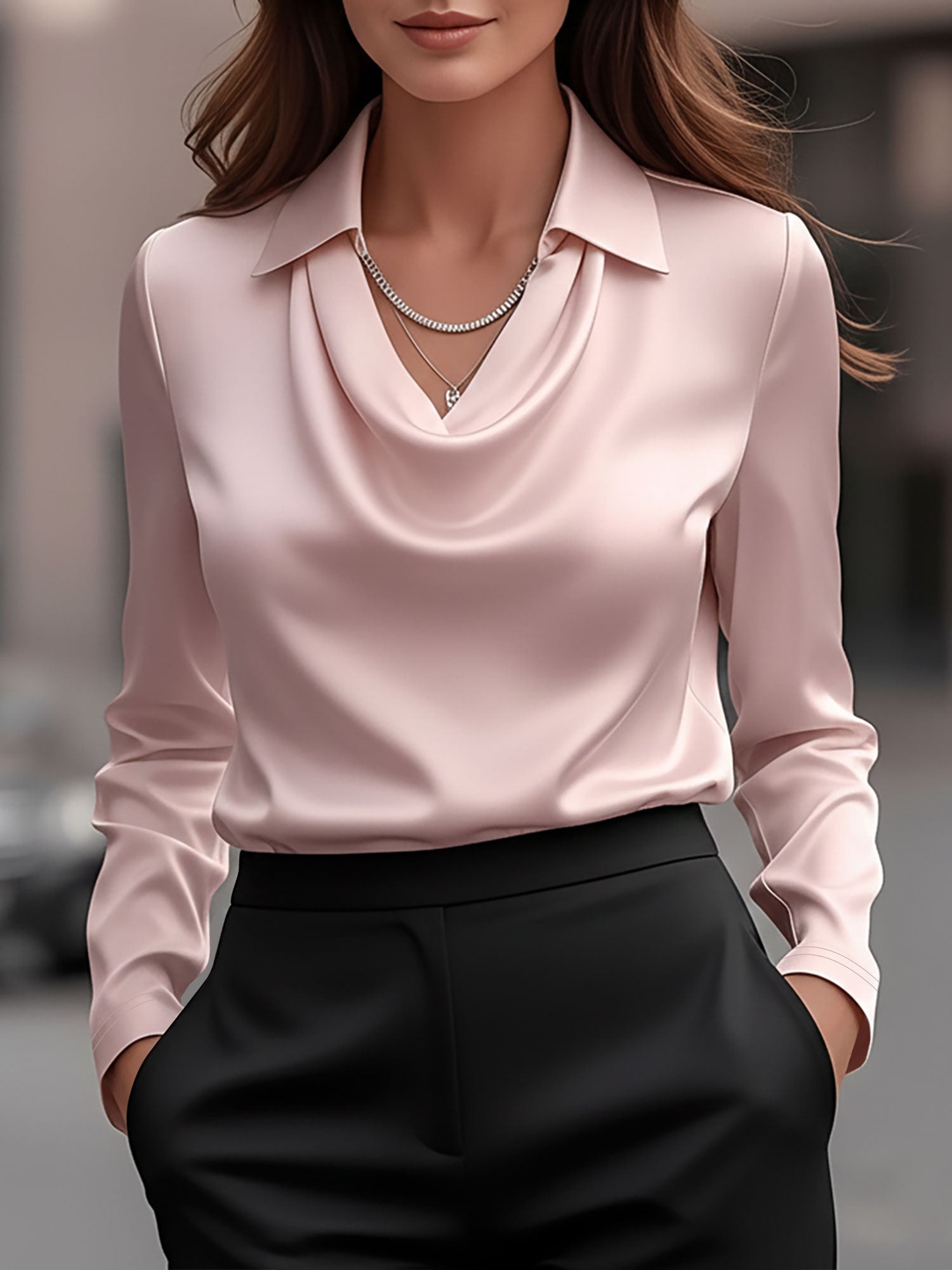 Collar Cowl Neck Long Sleeves Satin Blouse