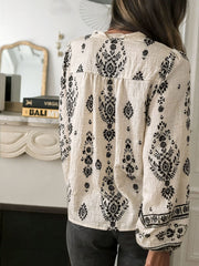Boho Floral Long Sleeve Ruffled Neck Blouse