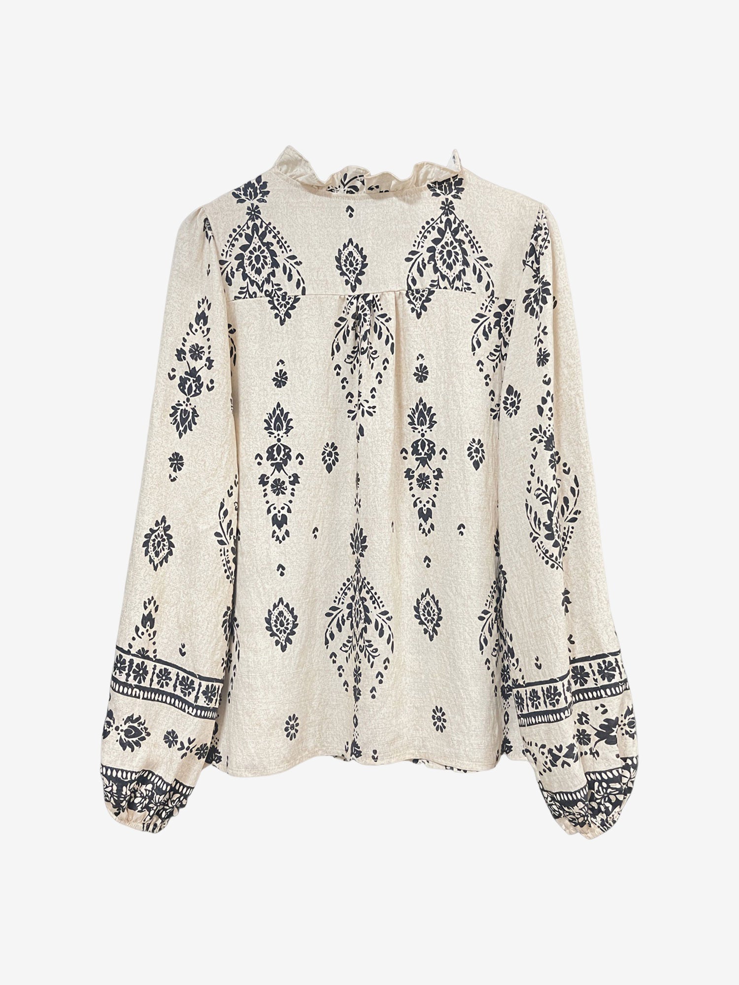Boho Floral Long Sleeve Ruffled Neck Blouse
