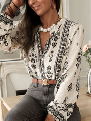 Boho Floral Long Sleeve Ruffled Neck Blouse