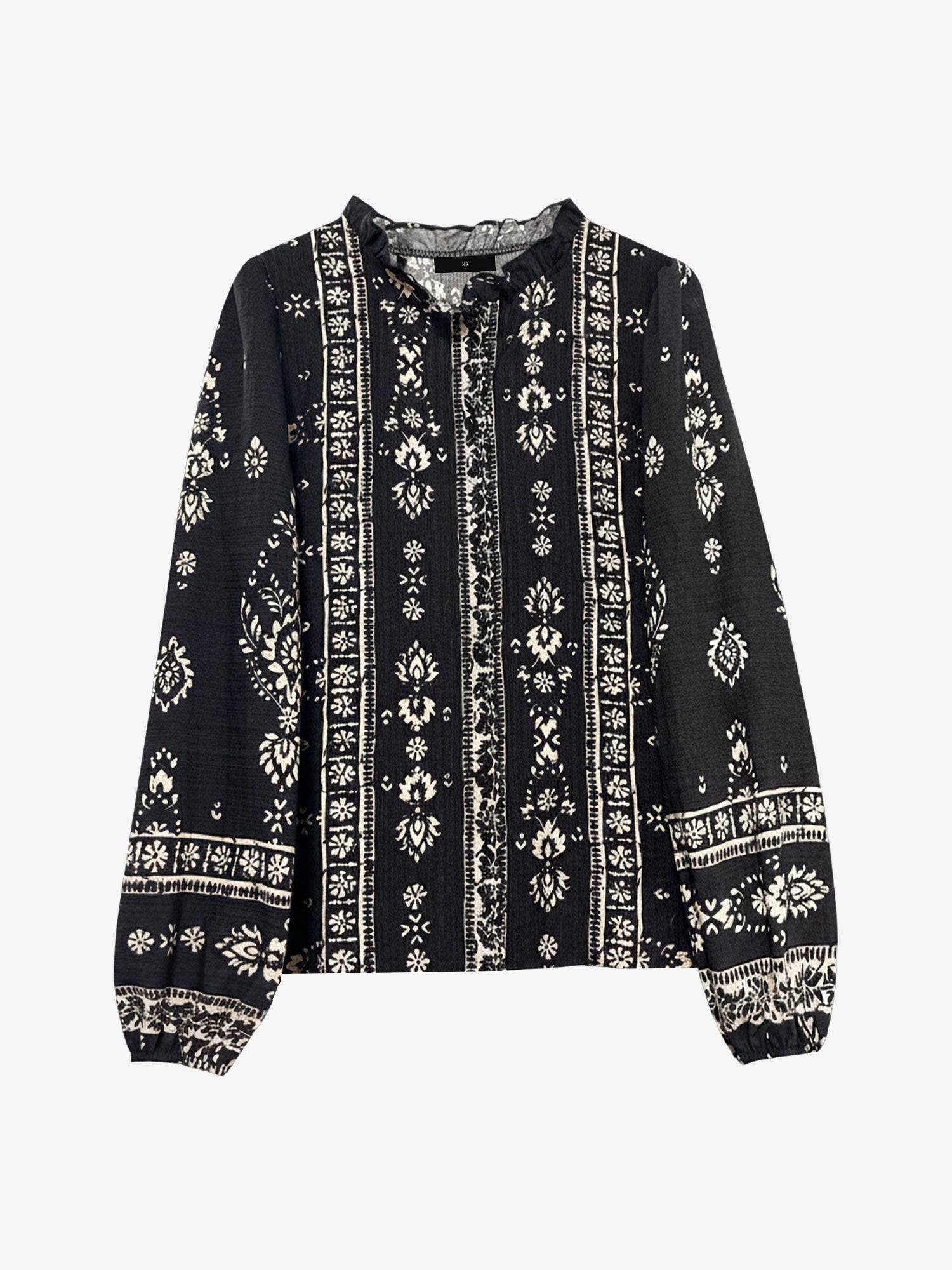 Boho Floral Long Sleeve Ruffled Neck Blouse