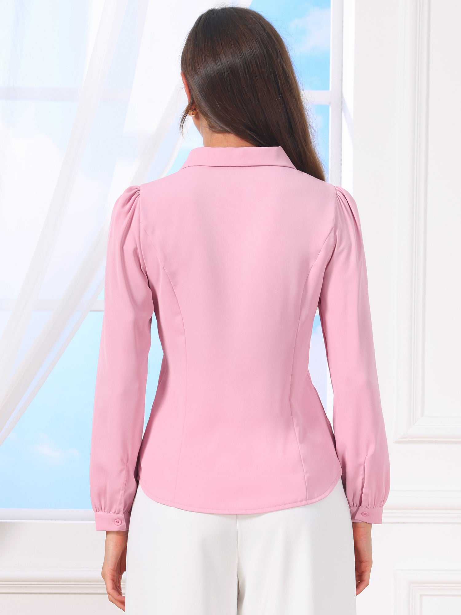Peter Pan Collar Chiffon Bow Tie Neck Puff Sleeve Button Blouse