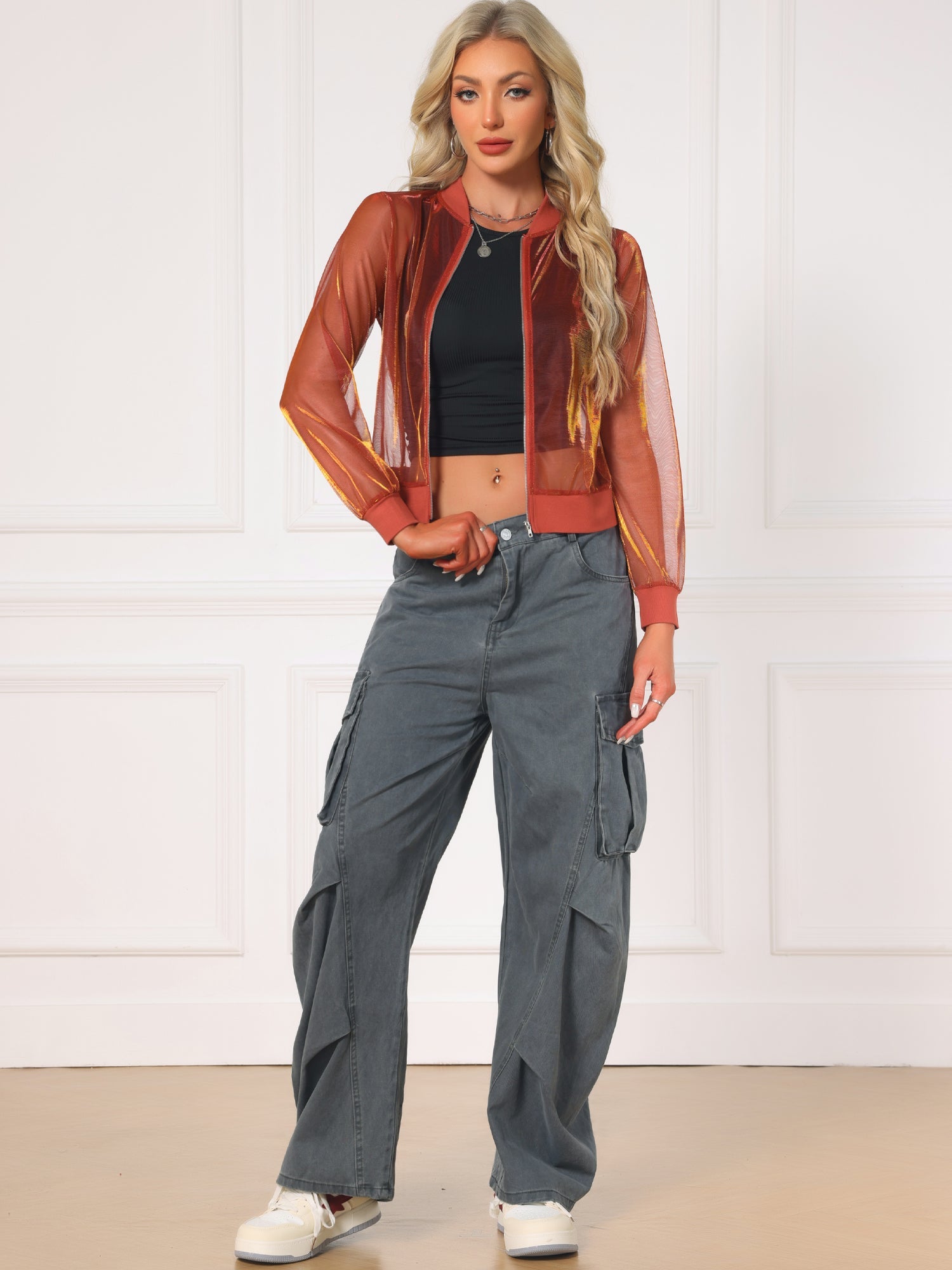 Sheer Mesh Shiny Long Sleeve See Through Zip Up Jacket