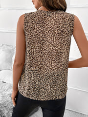 Ruffled V Neck Leopard Print Sleeveless Blouse