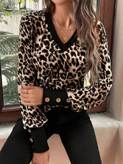 Leopard Print Bishop Sleeve V Neck Blouse