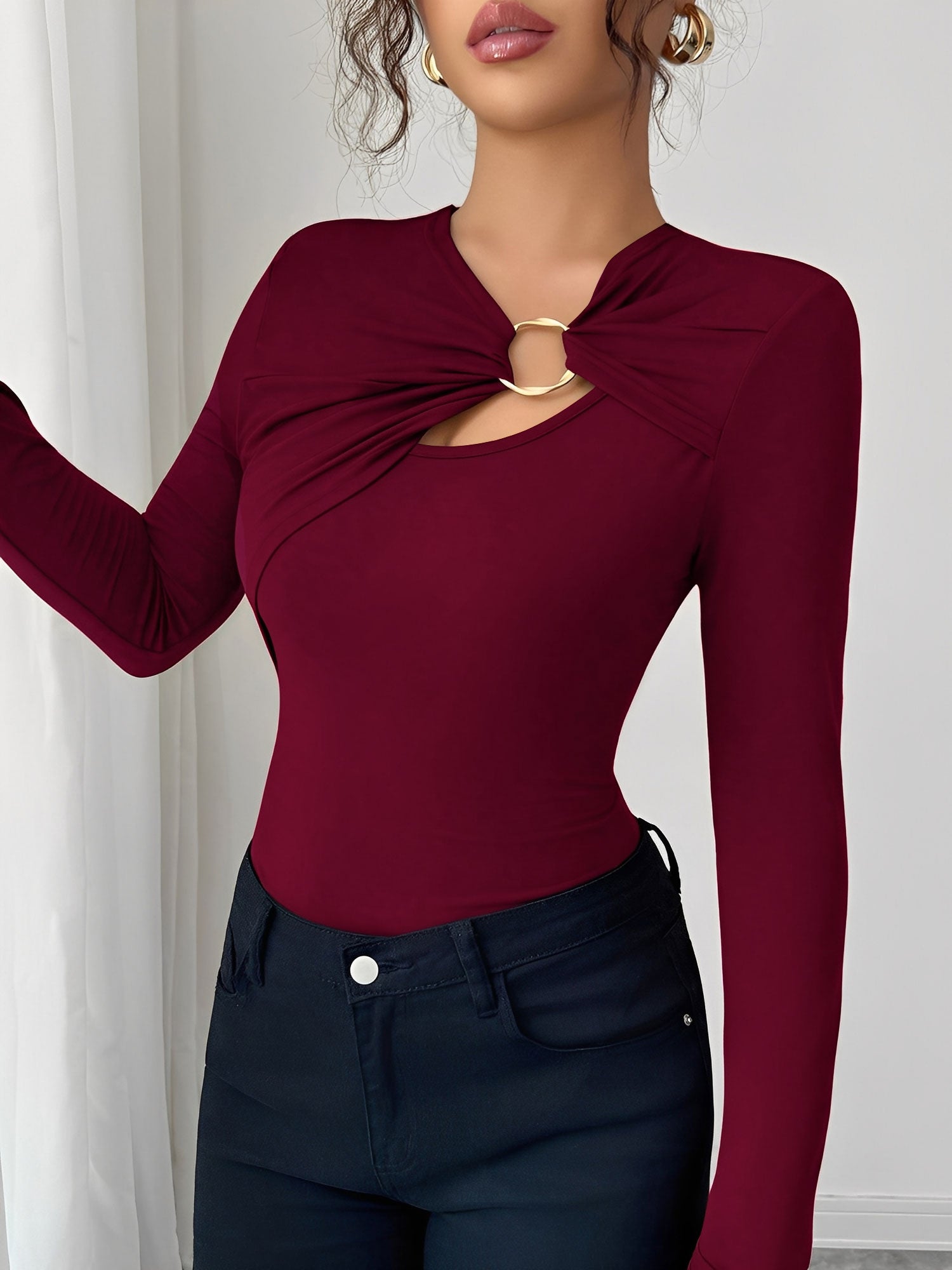 Asymmetrical Keyhole Metal-Embellished Leopard Long Sleeves Blouse