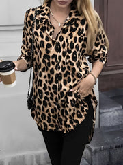 Satin Leopard Printed Long Sleeve Lace-Up Shirt