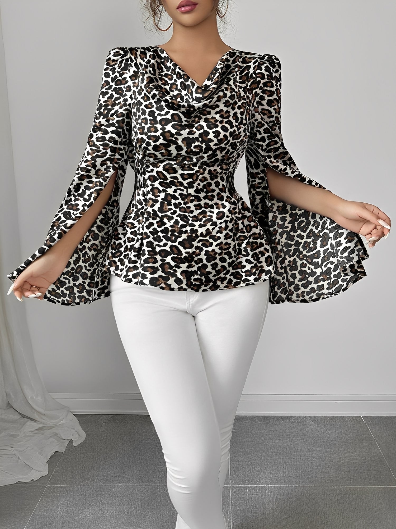 Cowl Neck Leopard Print Split Long Sleeve Blouse
