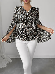 Cowl Neck Leopard Print Split Long Sleeve Blouse