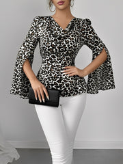 Cowl Neck Leopard Print Split Long Sleeve Blouse